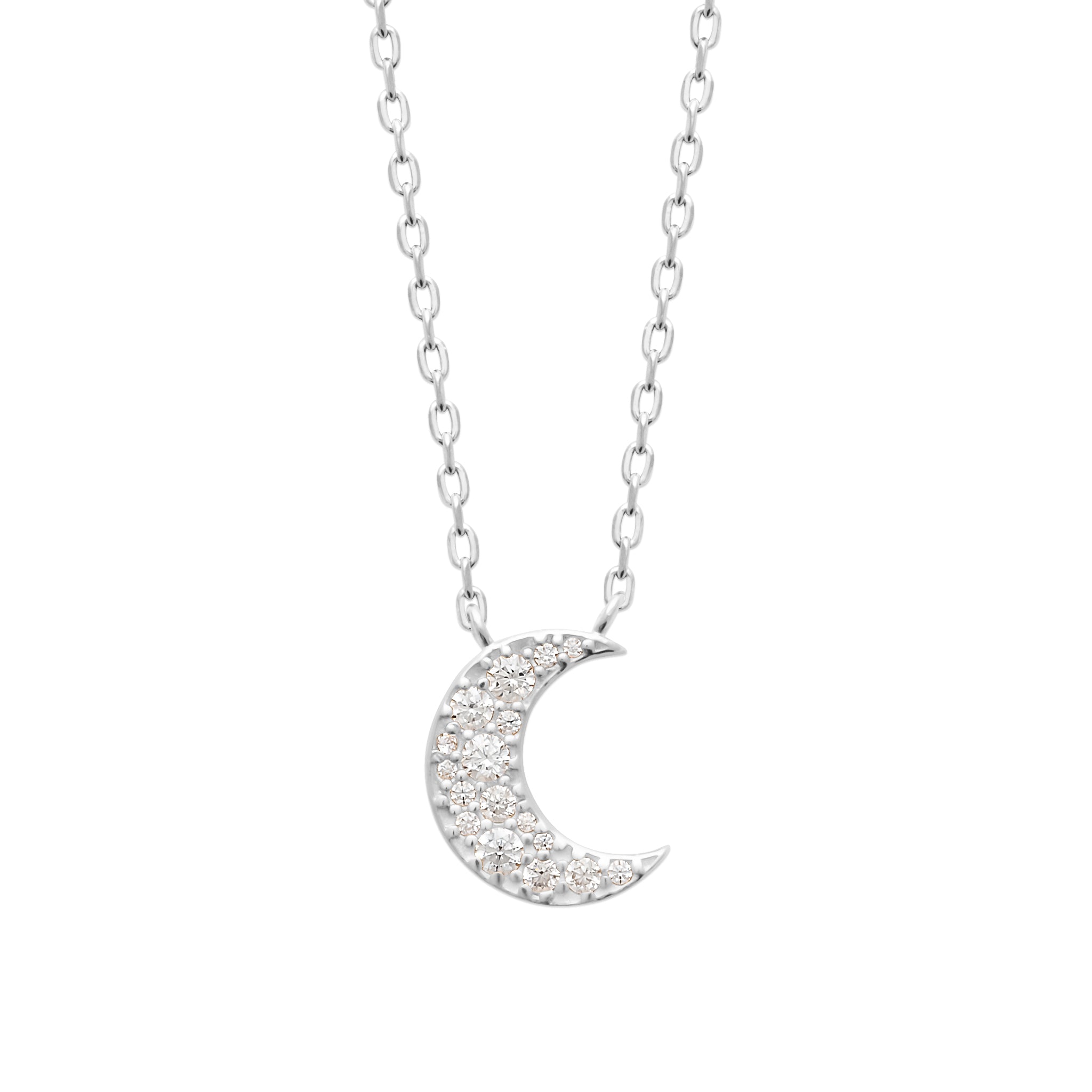 Collier argent Luna  pendentif lune serti de zircons - Bijou photographié sur fond blanc