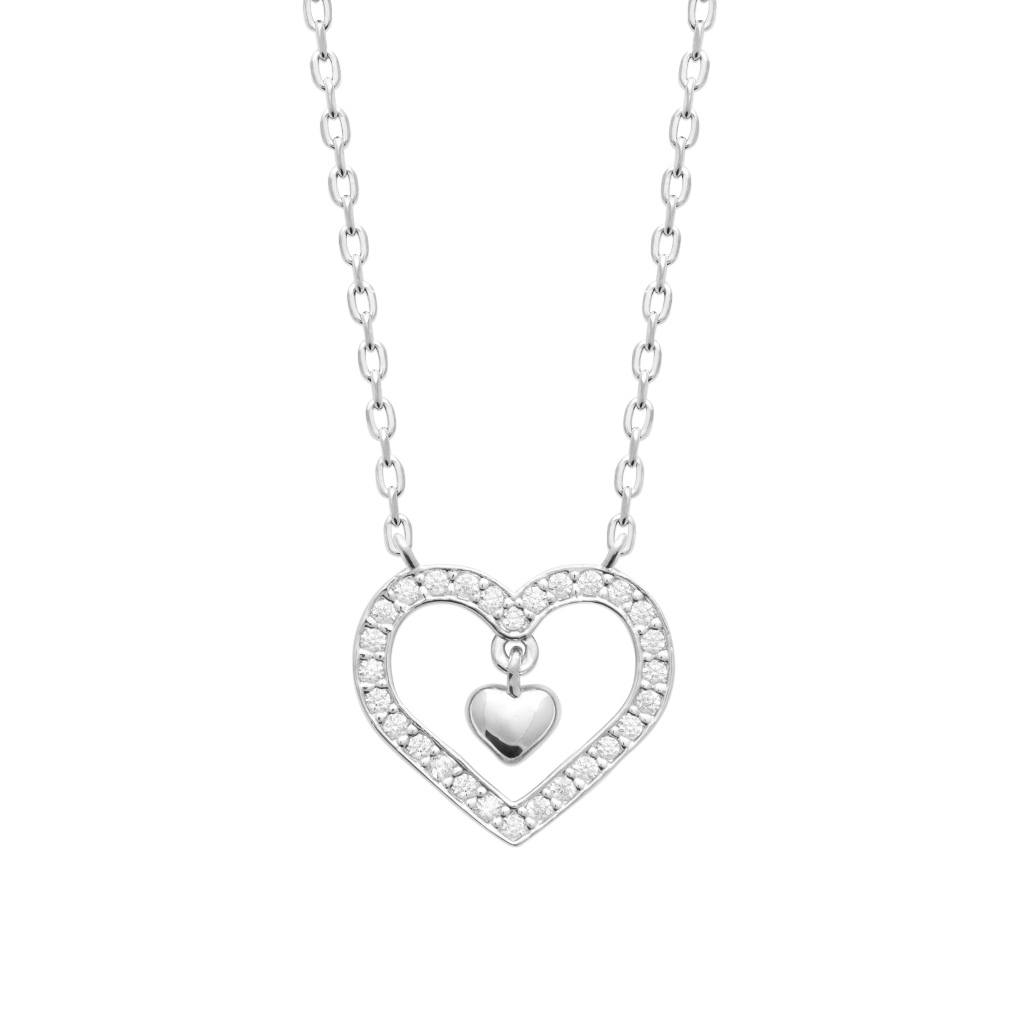 Collier en argent Romy pendentif double cœur avec zircons - Bijou photographié sur fond blanc