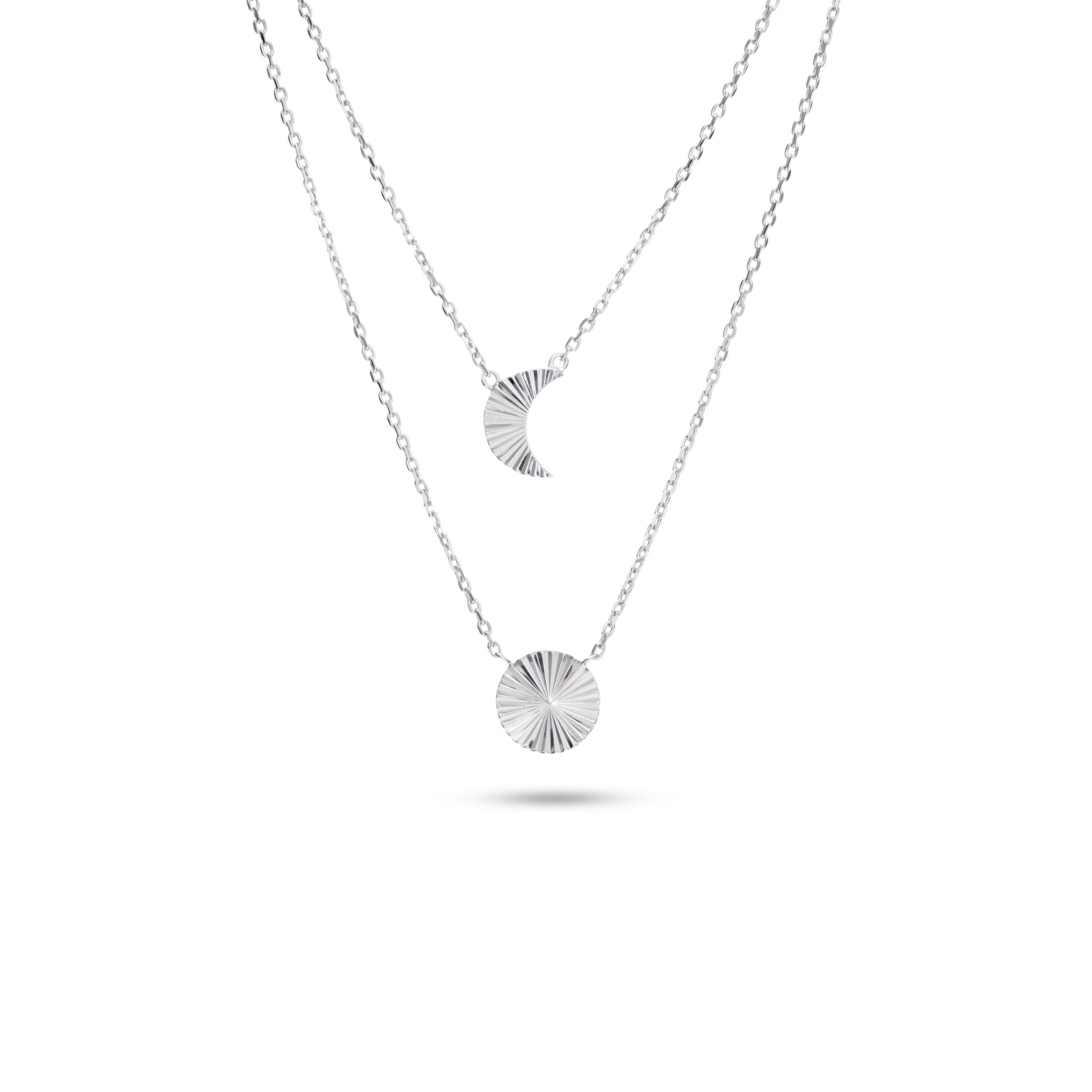 Collier double en argent  Anissa Lune et Soleil striés - Bijou sur fond blanc