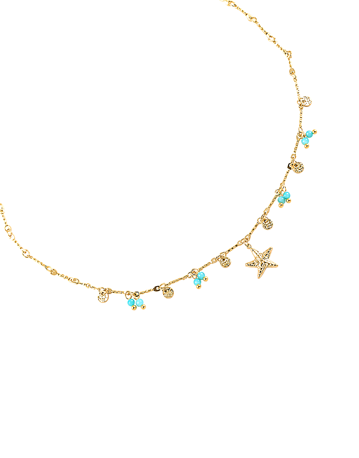 Collier doré Cassilde etoile de mer à chaîne fine avec barres orné de pampilles pastilles martelées, perles d'amazonite et pendentif étoile de mer - Bijou sur fond blanc