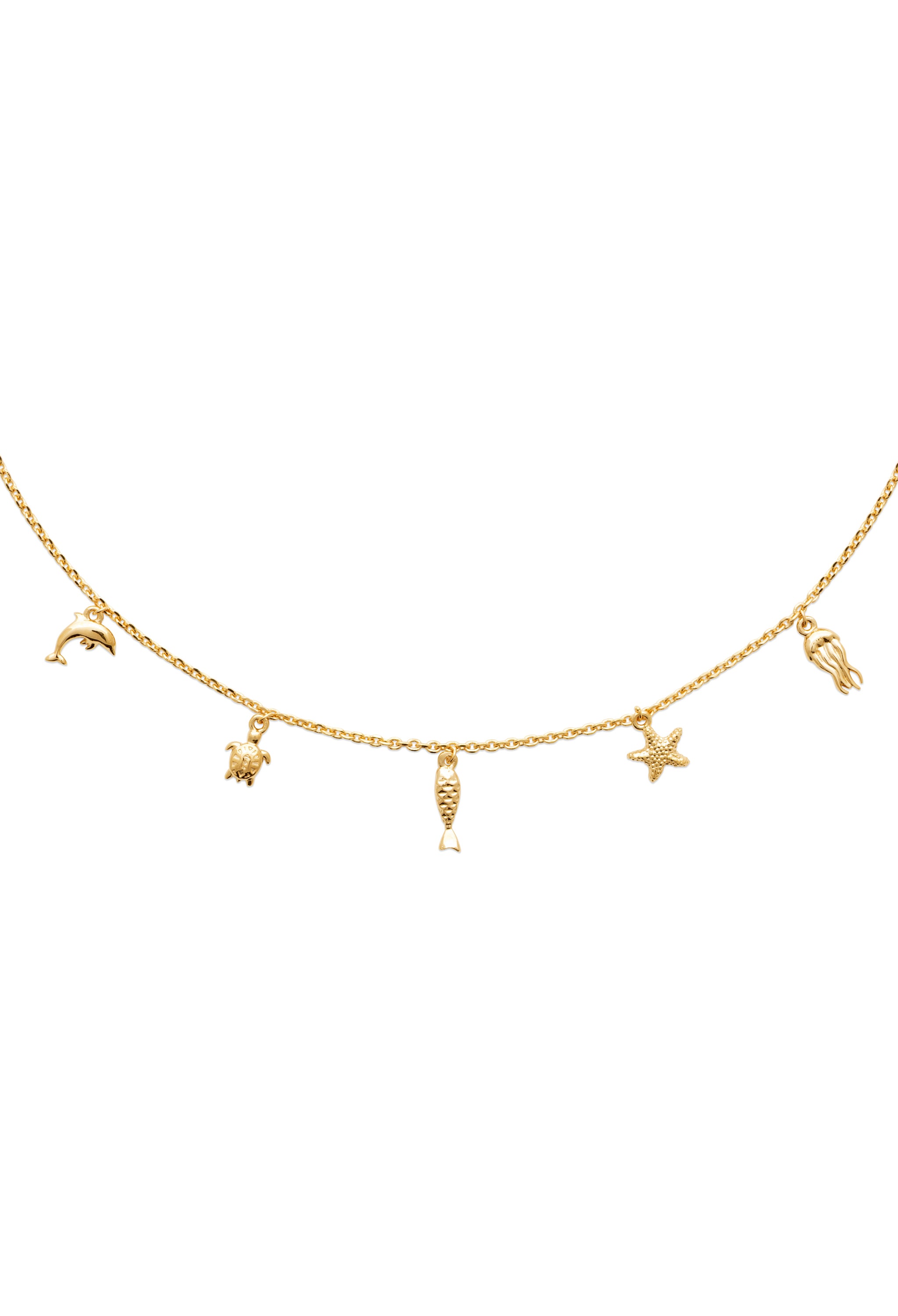 Collier doré Cleo orné de pampilles dauphin, tortue, poisson, étoile de mer et méduse - Bijou sur fond blanc