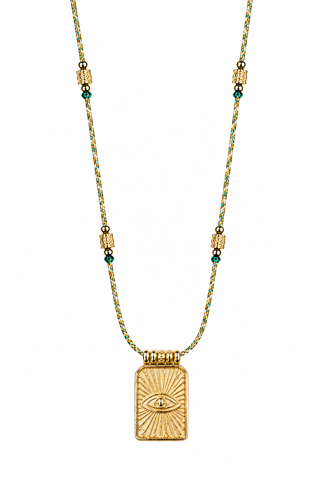Collier doré Daria cordon coloré orné d'une médaille rectangulaire avec un œil - Bijou sur fond blanc