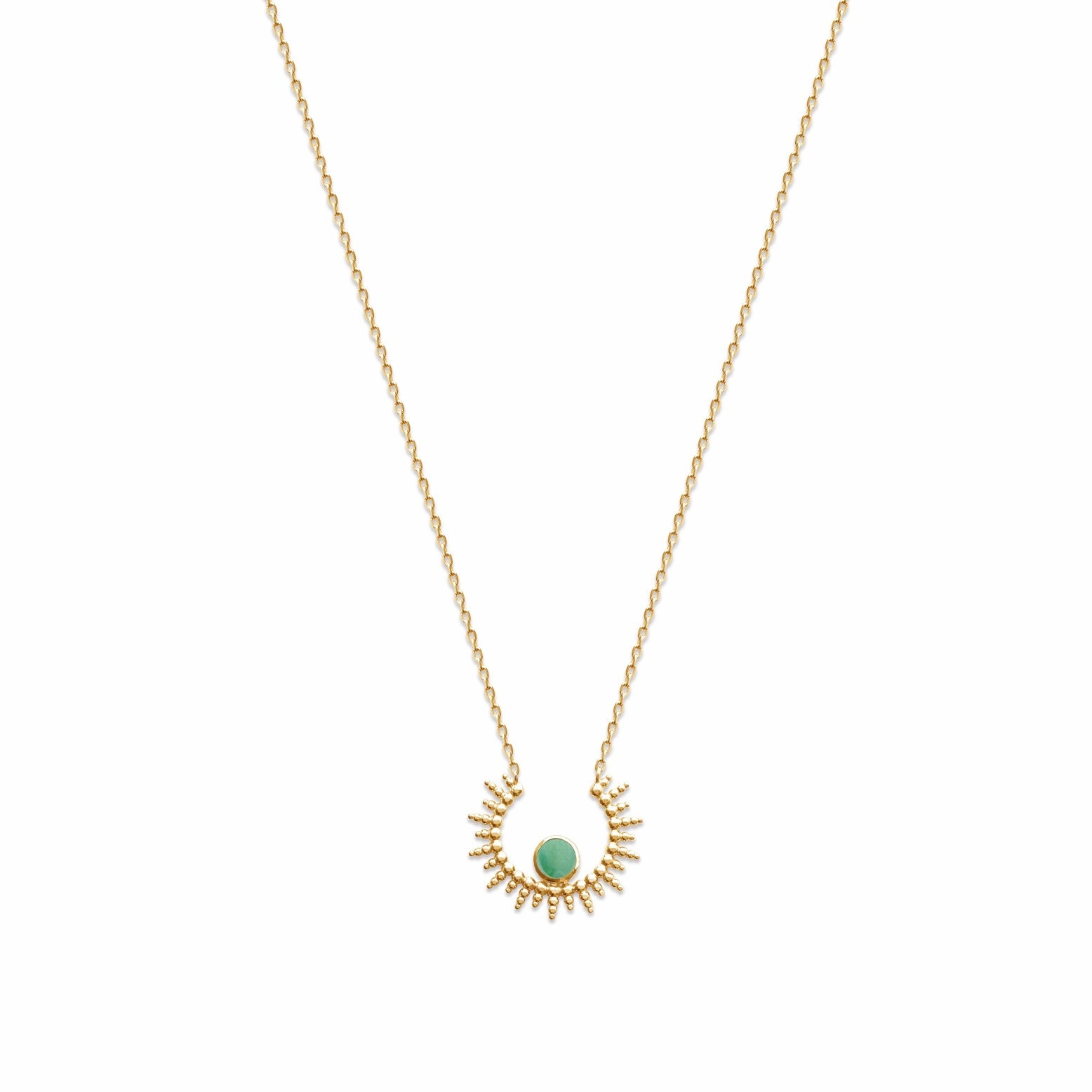 Collier doré Enza aventurine demi-soleil avec pierre aventurine - Bijou sur fond blanc