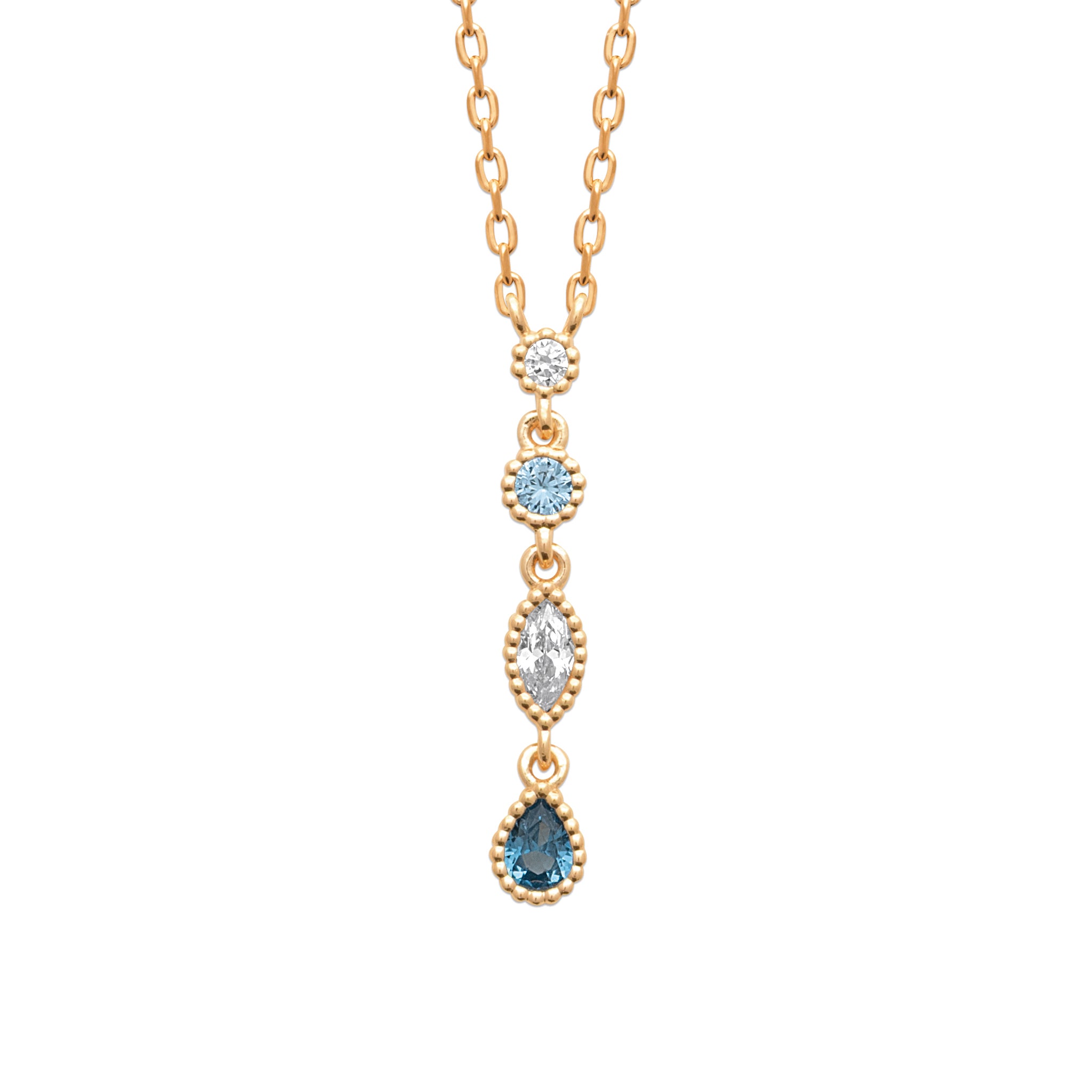 Collier doré Iranya orné d'un pendentif serti de zircons blancs et bleus - Bijou sur fond blanc
