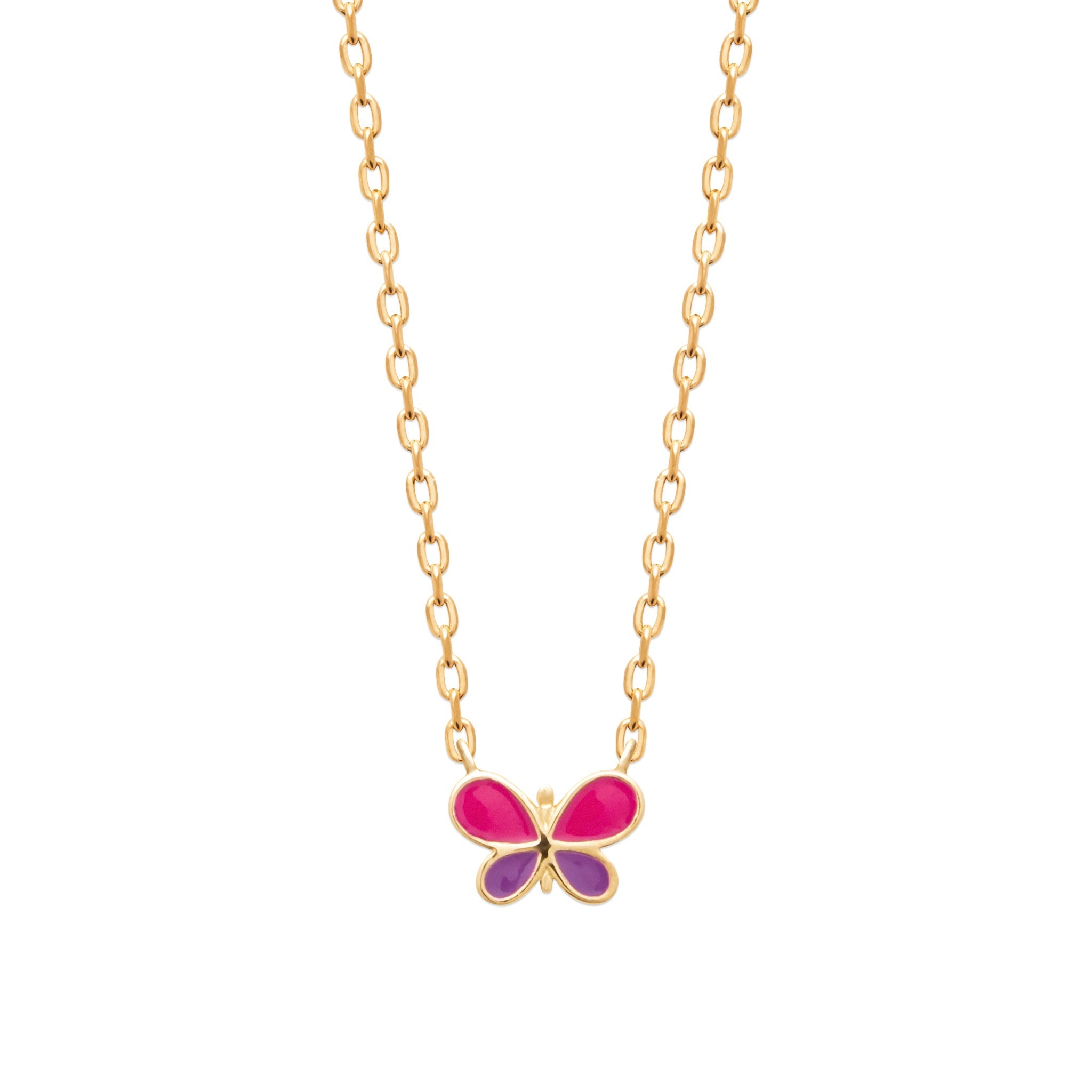 Collier doré enfant papillon rose et violet Justine - Bijou photographié sur fond blanc