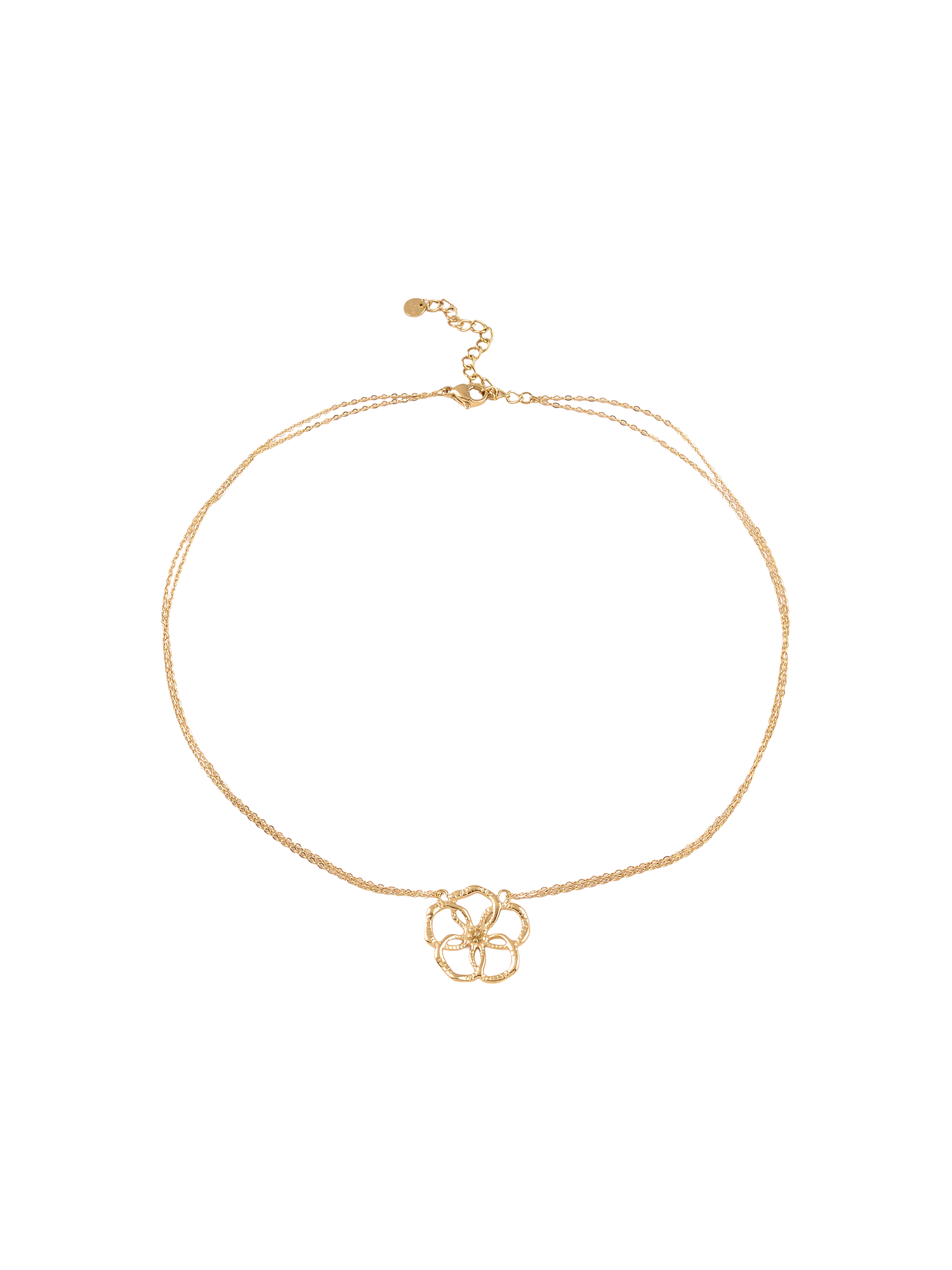 Collier doré Oria double chaîne fine avec pendentif fleur ajourée - Bijou sur fond blanc