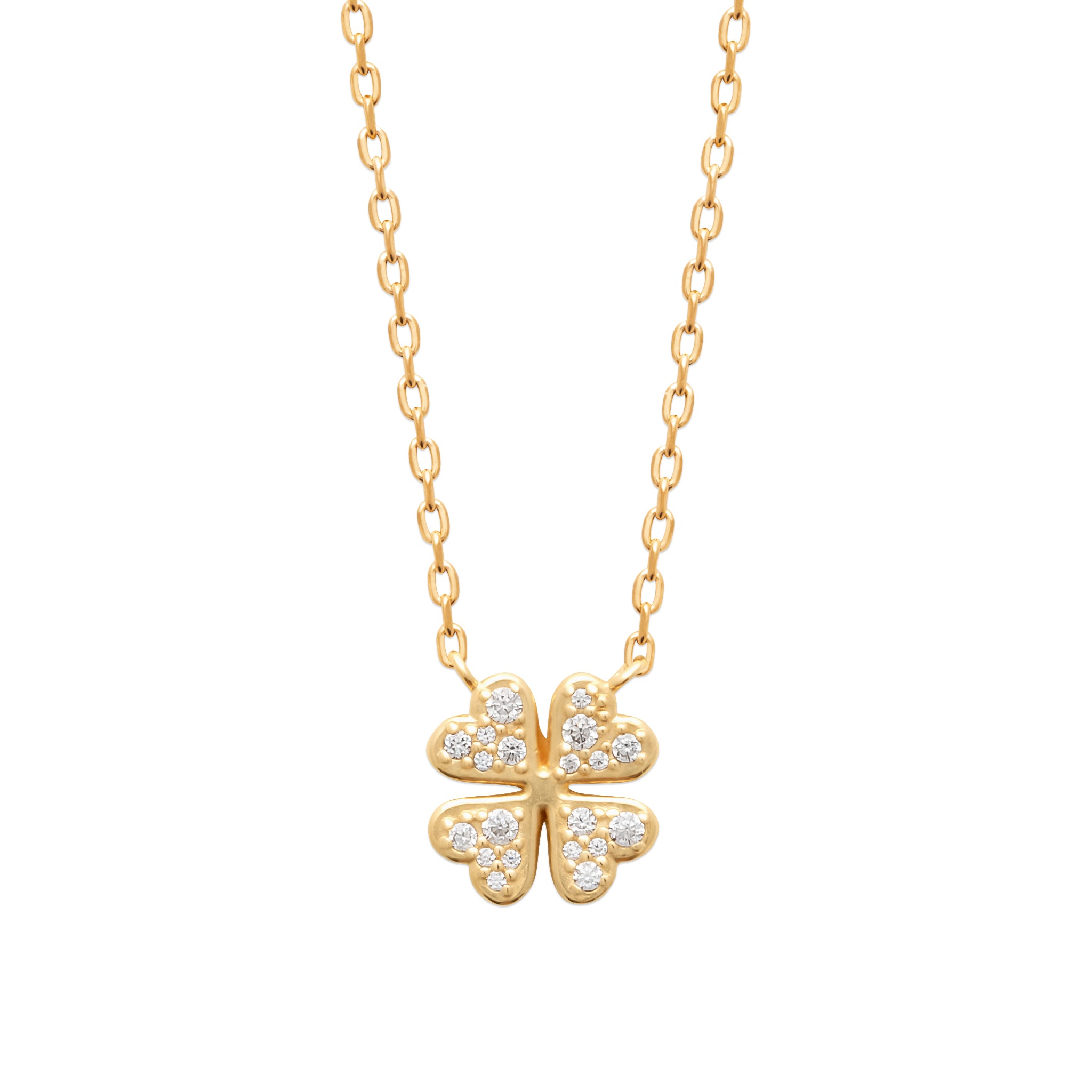 Collier doré Romane pendentif trèfle serti de zircons - Bijou sur fond blanc