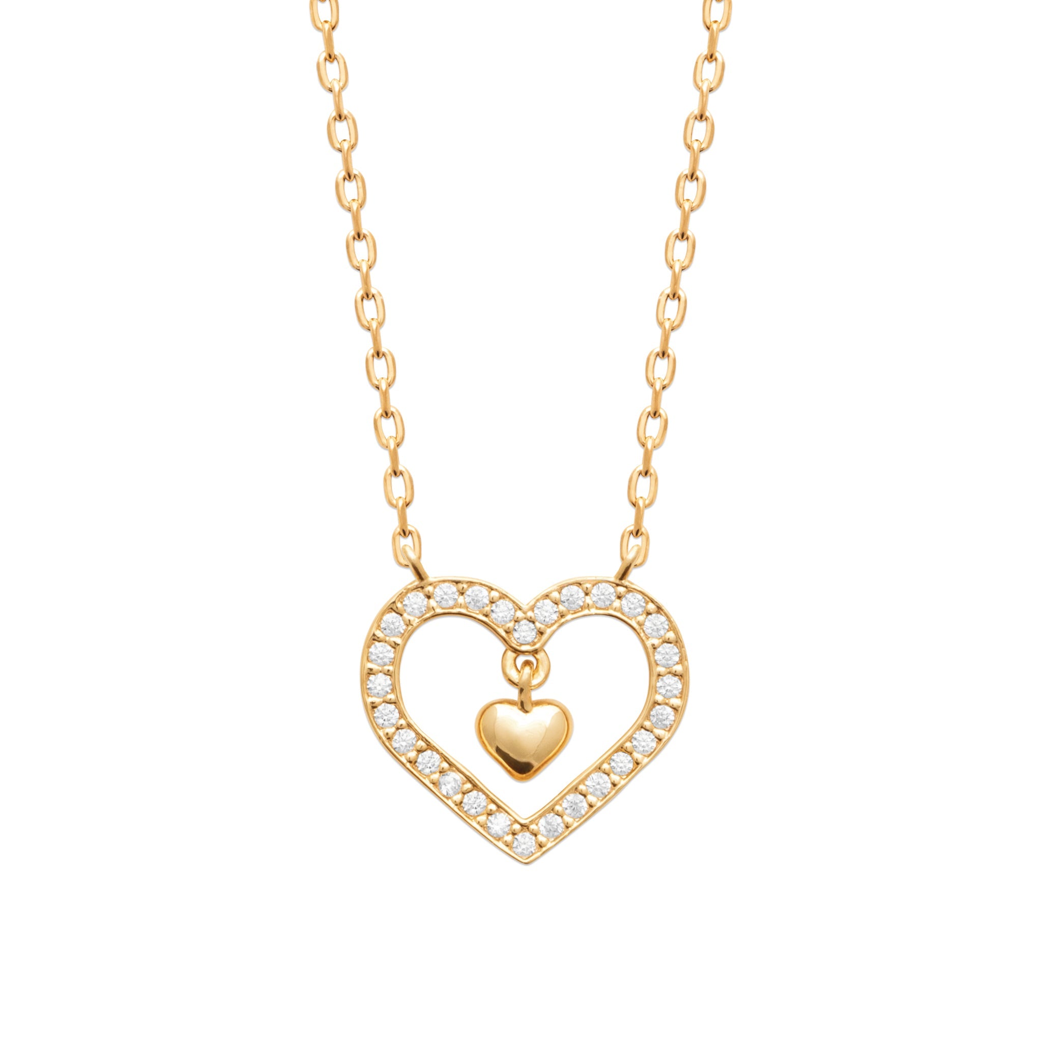 Collier doré Romy pendentif double cœur avec zircons - Bijou photographié sur fond blanc