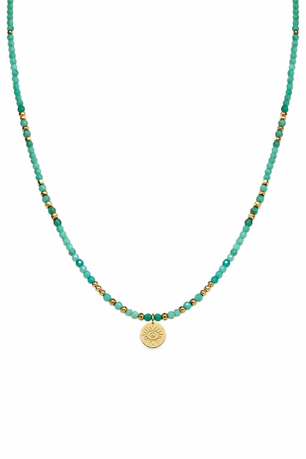 Collier doré Thaissya amazonite et œil serti d'un zircon - Bijou sur fond blanc