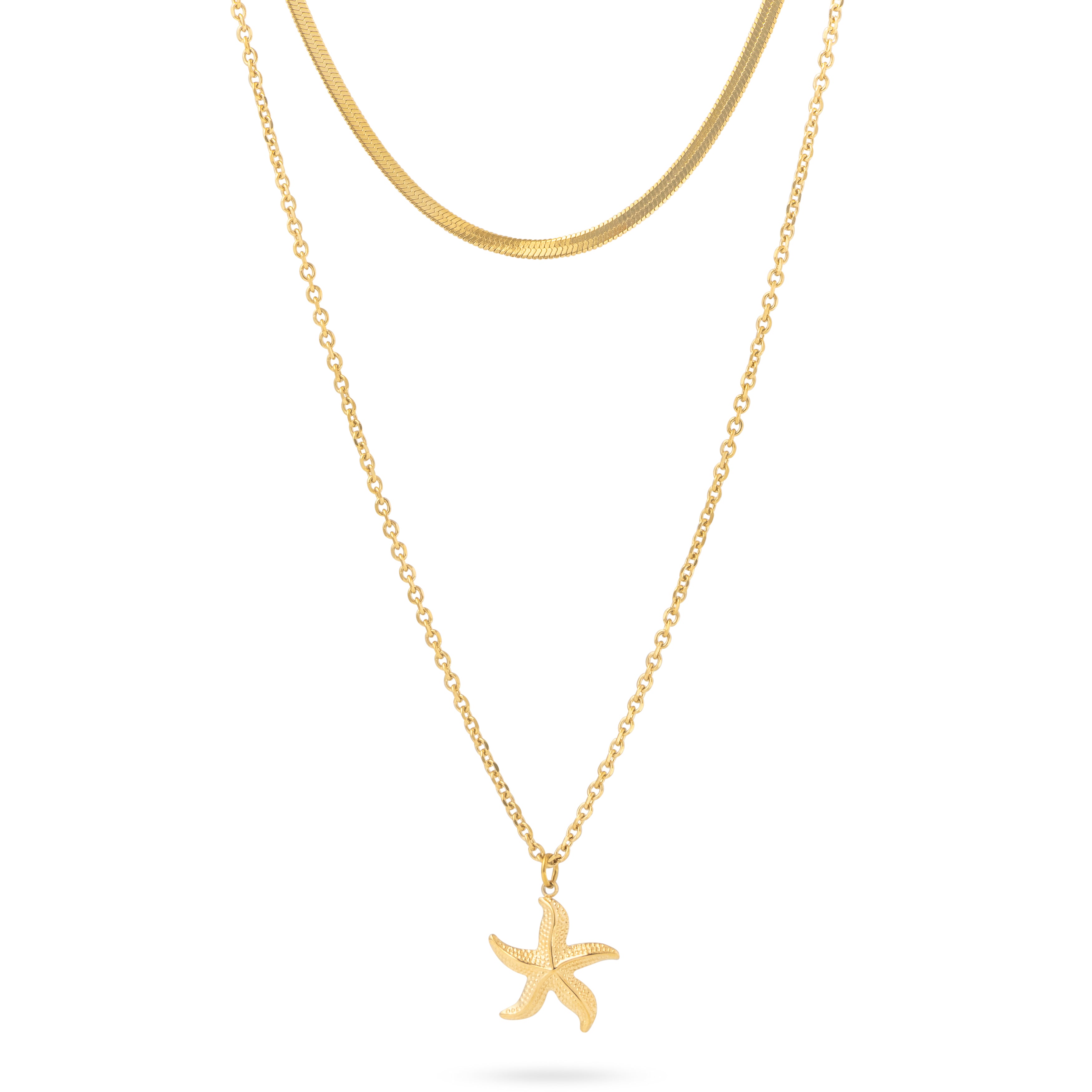Collier Yvanne à double chaîne doré composé d'une chaîne miroir et d'une chaîne fine avec un pendentif étoile de mer - Bijou sur fond blanc