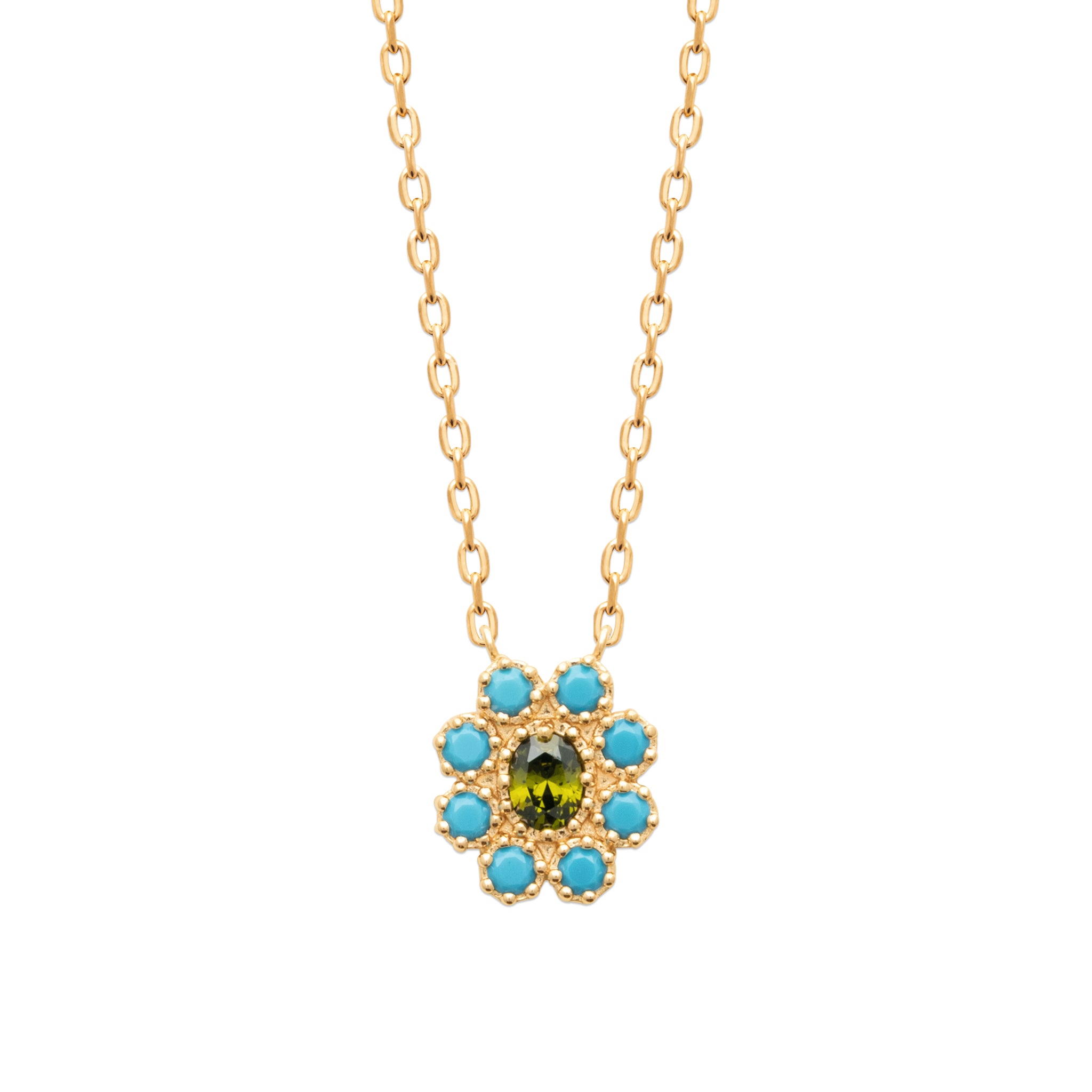 Collier doré Ariana orné d'un pendentif fleur serti de zircons turquoises et verts - Bijou sur fond blanc