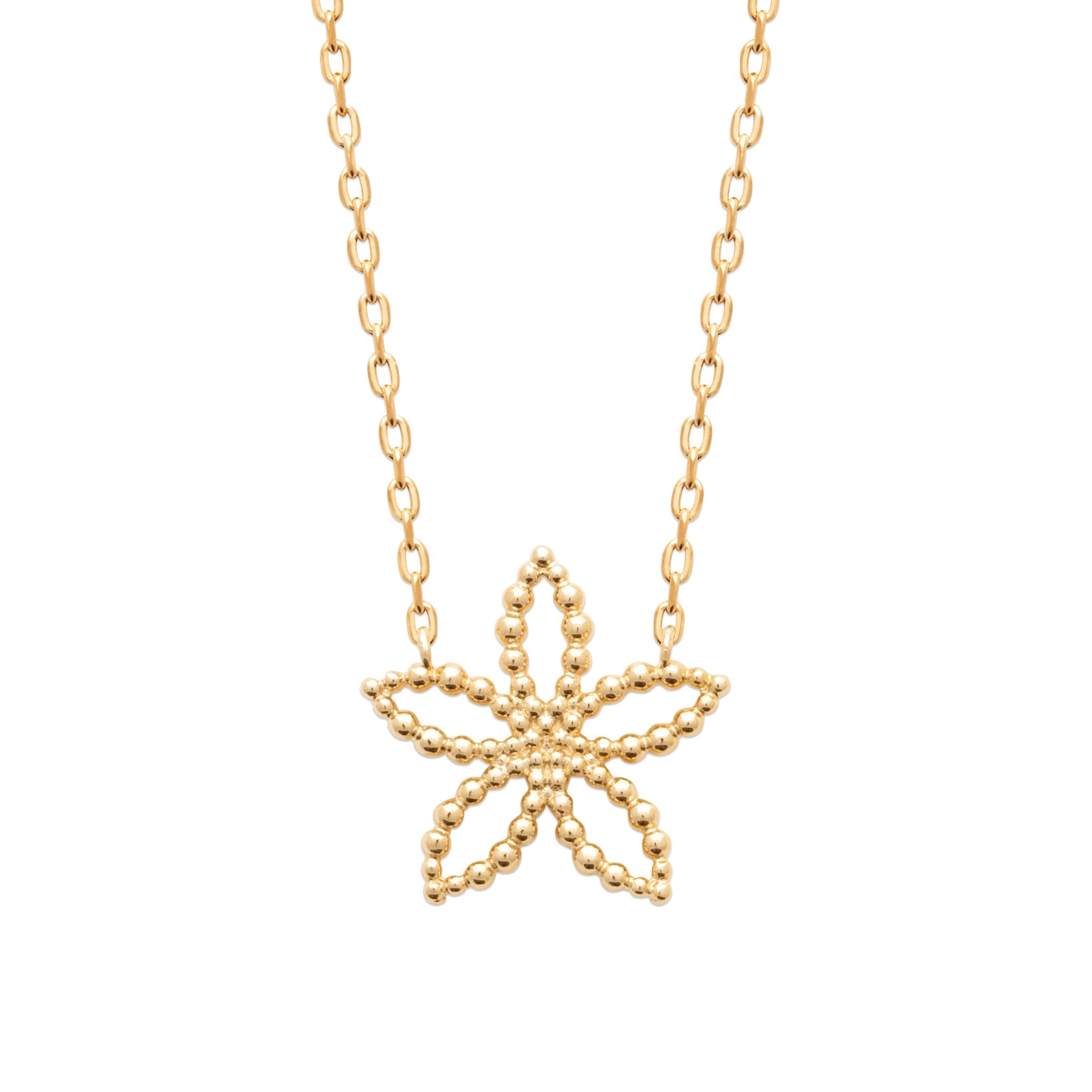  Collier doré Bali fleur de frangipanier - Bijou photographié sur fond blanc