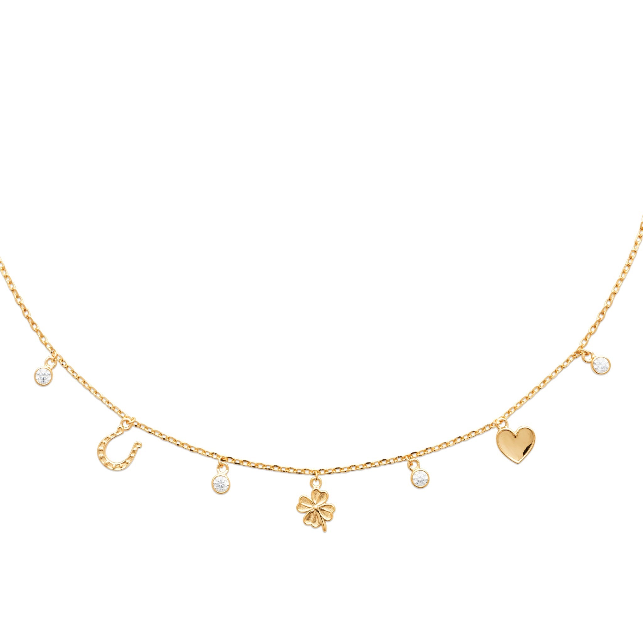  Collier doré pampilles cœur, fer à cheval, trèfle et zircons Bella - Bijou photographié sur fond blanc