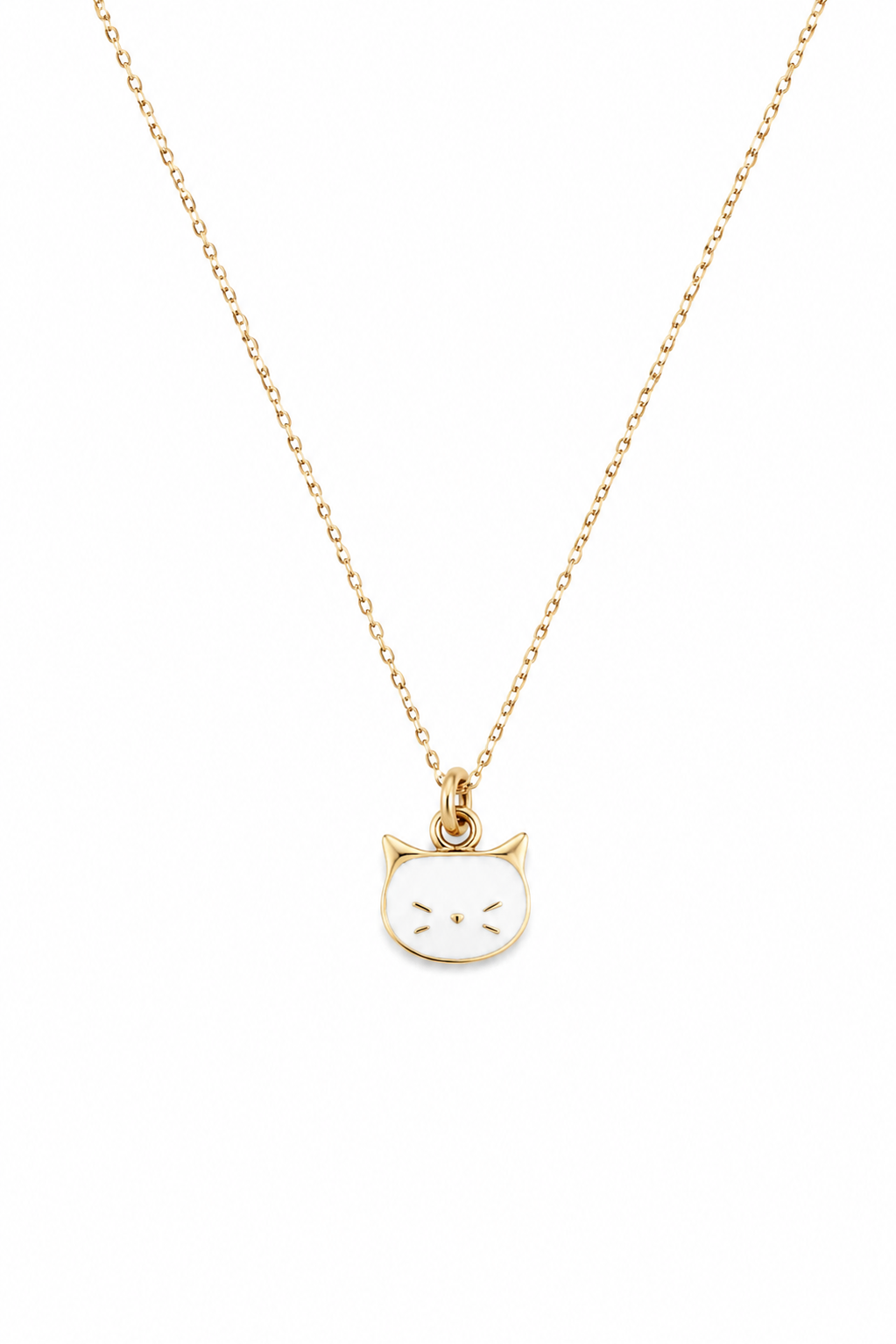 Collier pour enfant doré avec pendentif chat blanc - Bijou sur fond blanc