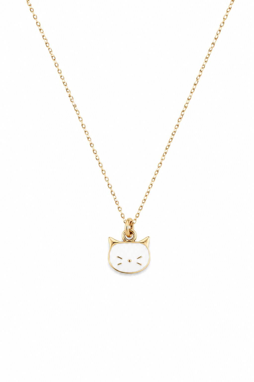 Collier pour enfant doré avec pendentif chat blanc - Bijou sur fond blanc