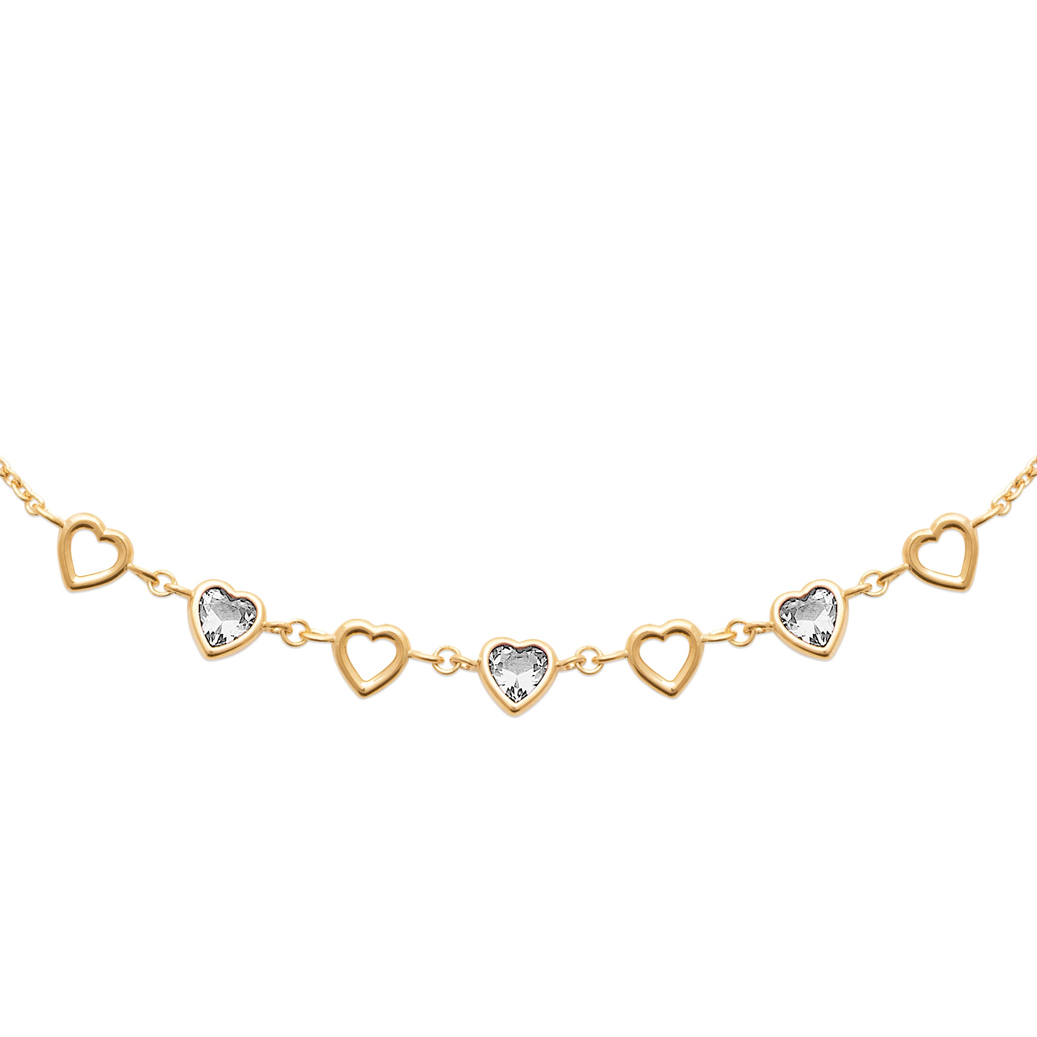 Collier doré Isidora avec cœurs ajourés et cœurs sertis de zircons - Bijou photographié sur fond blanc