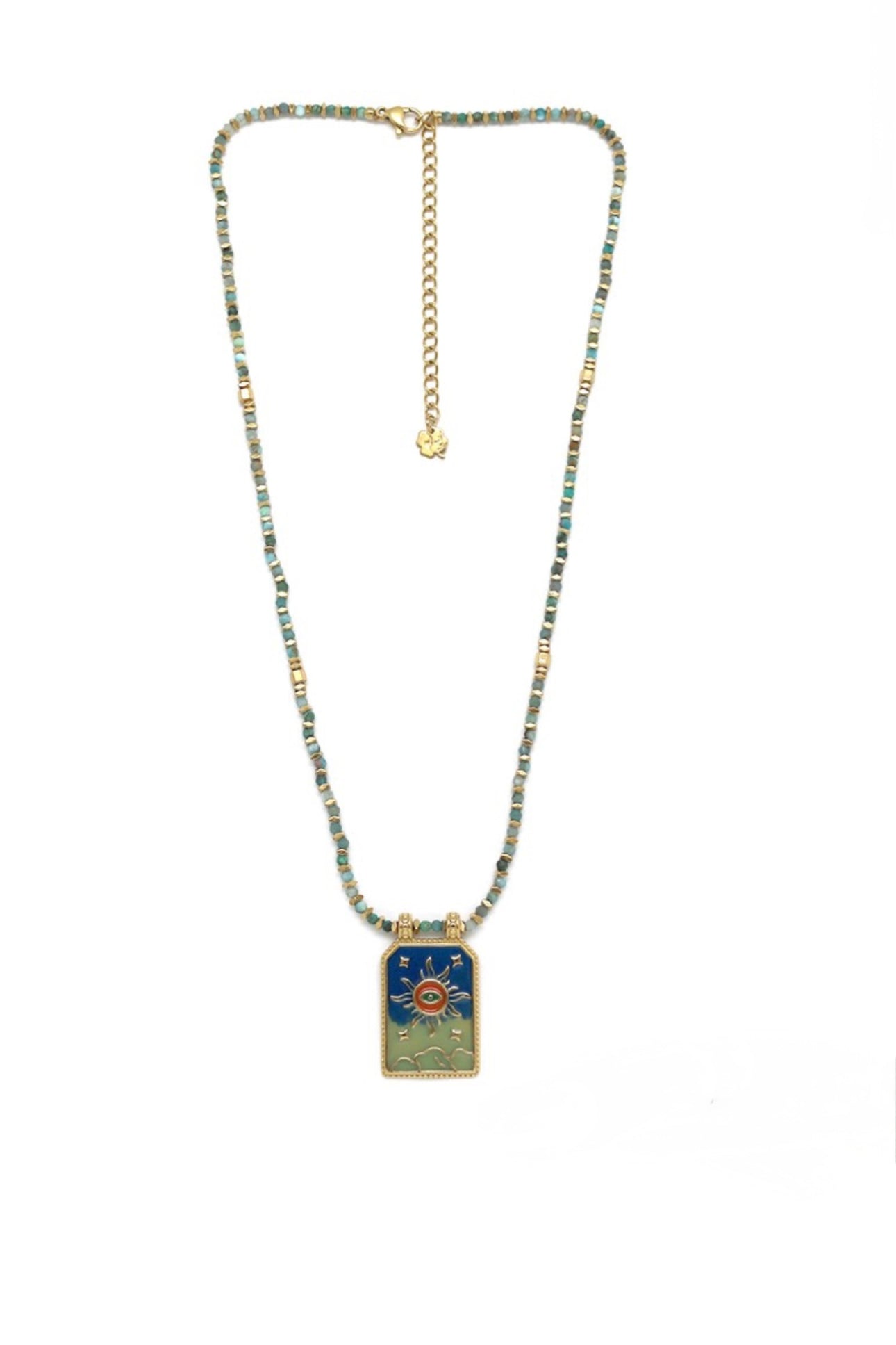 Collier cordon doré Kira talisman émaillé soleil œil - Bijou photographié sur fond blanc