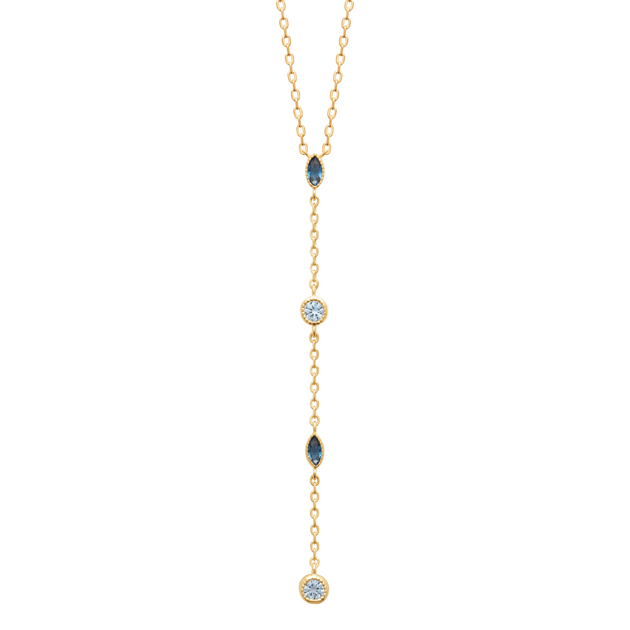 Collier doré Nadège cravate orné de zircons bleus - Bijou photographié sur fond blanc