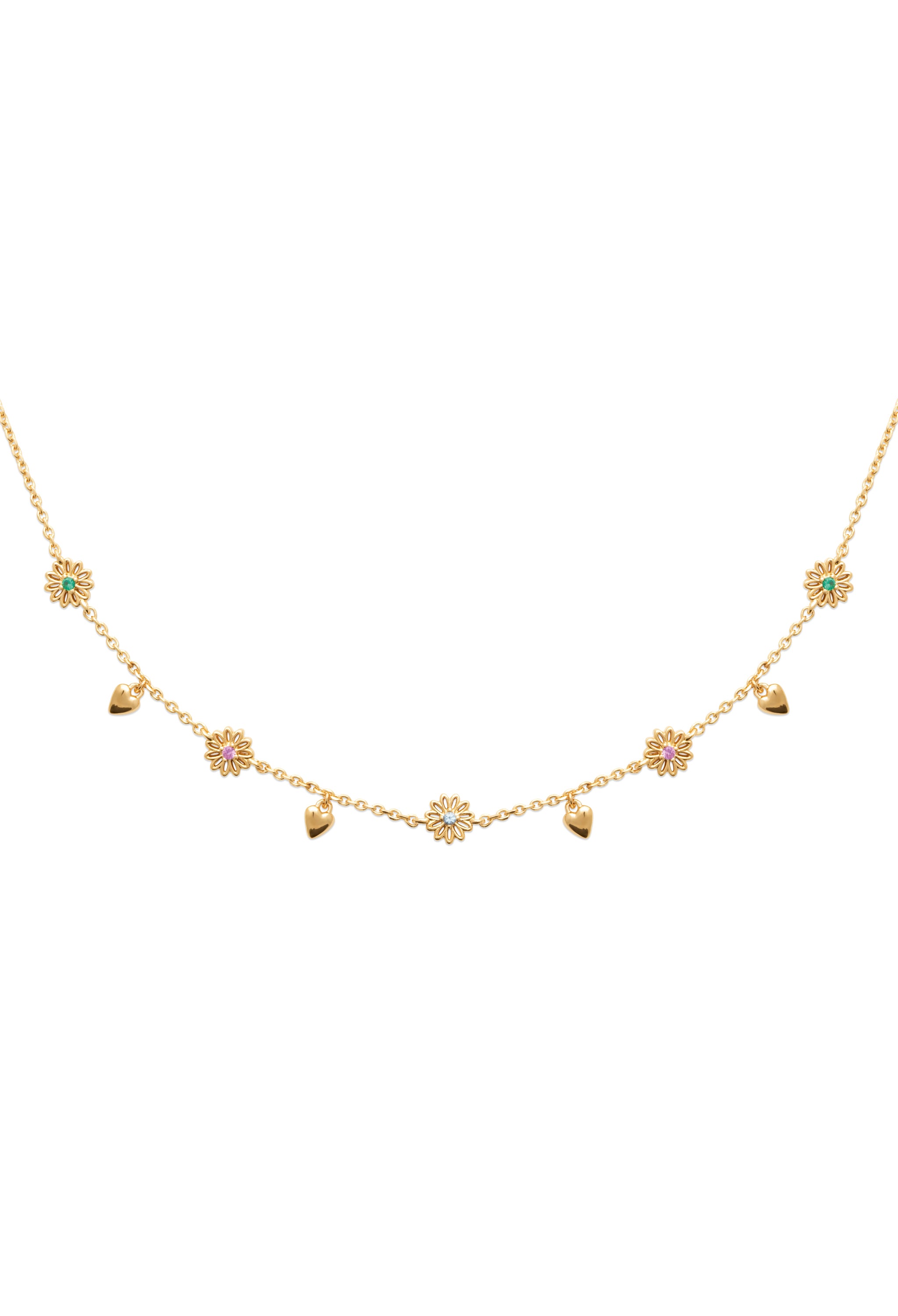 Collier doré Rudy orné de fleurs multicolores et de pampilles en forme de cœur - Bijou sur fond blanc