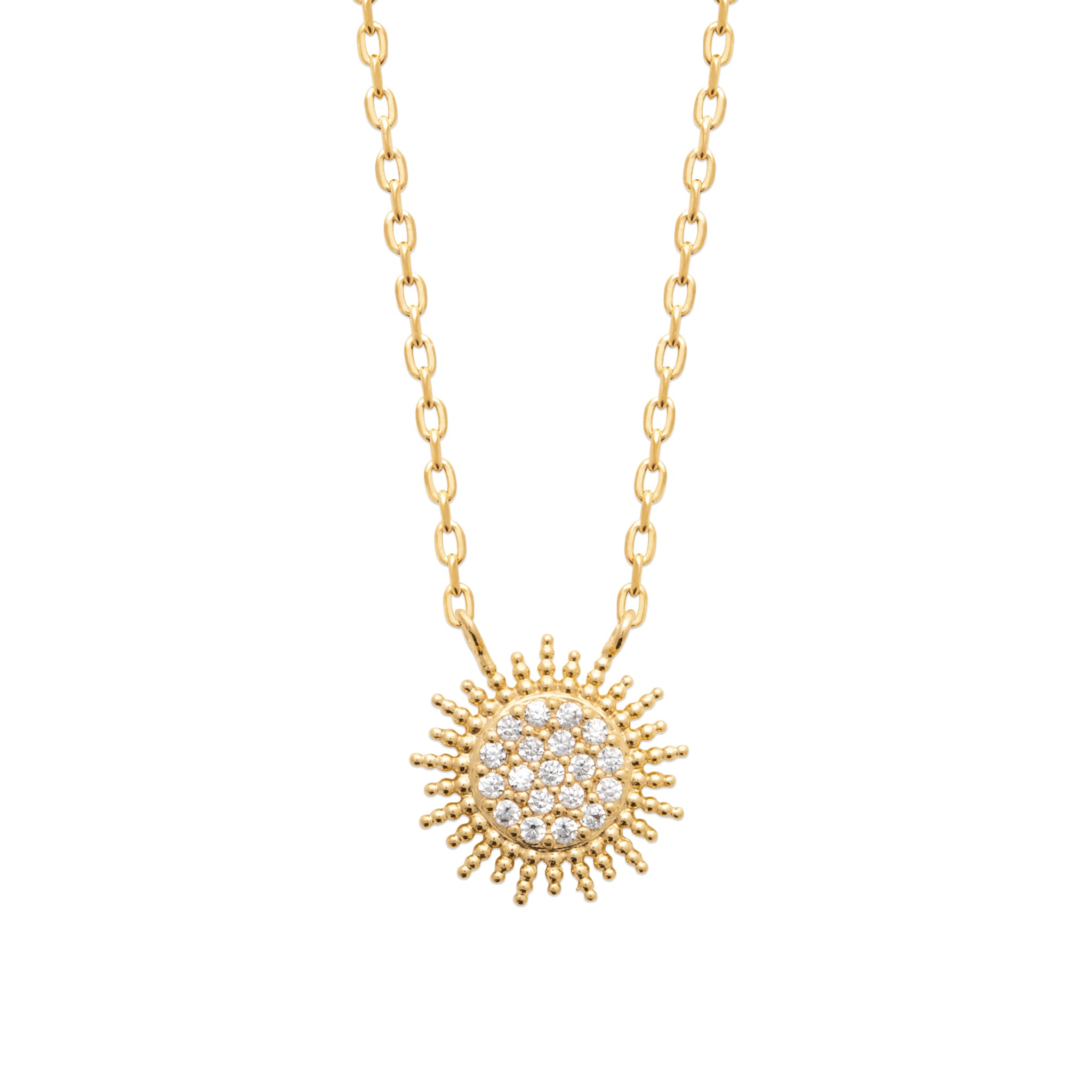 Collier doré Shine avec pendentif soleil orné de zircons - Bijou sur fond blanc