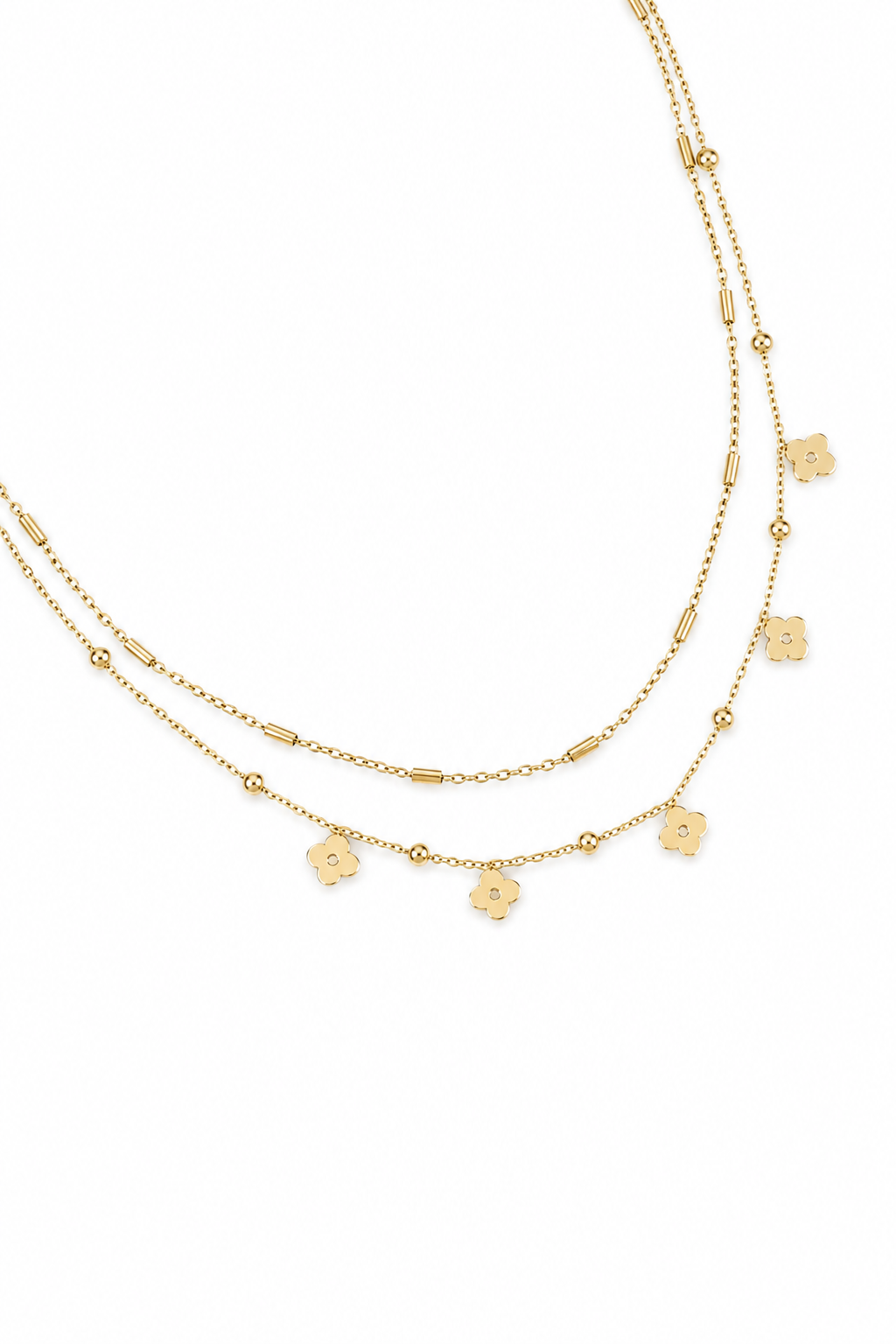 Collier double doré Martine orné de fleurs - Bijou sur fond blanc