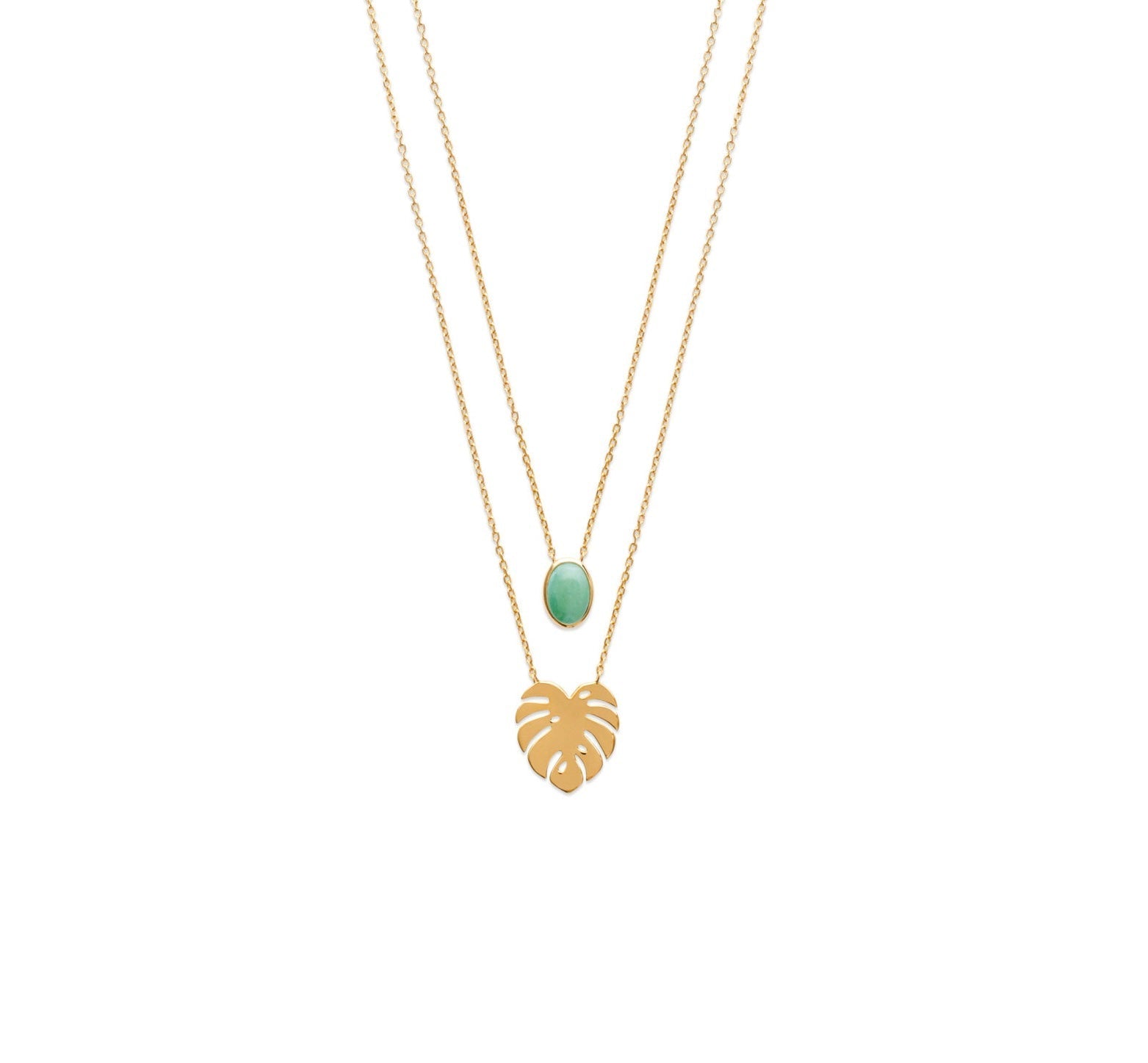 Collier double doré Yumi aventurine et feuille de monstera - Bijou photographié sur fond blanc