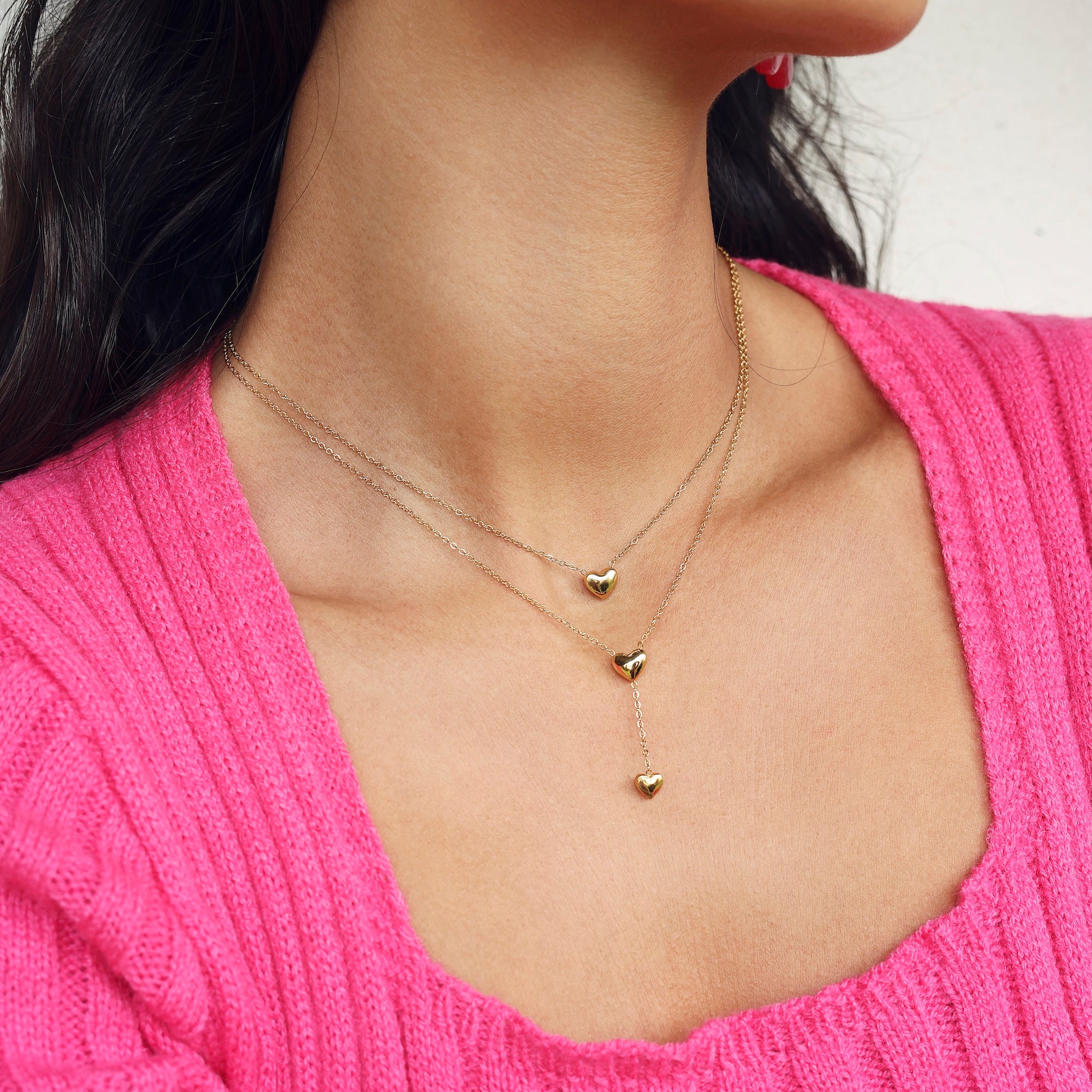 Collier double chaîne doré Lovena cœurs - Bijou porté