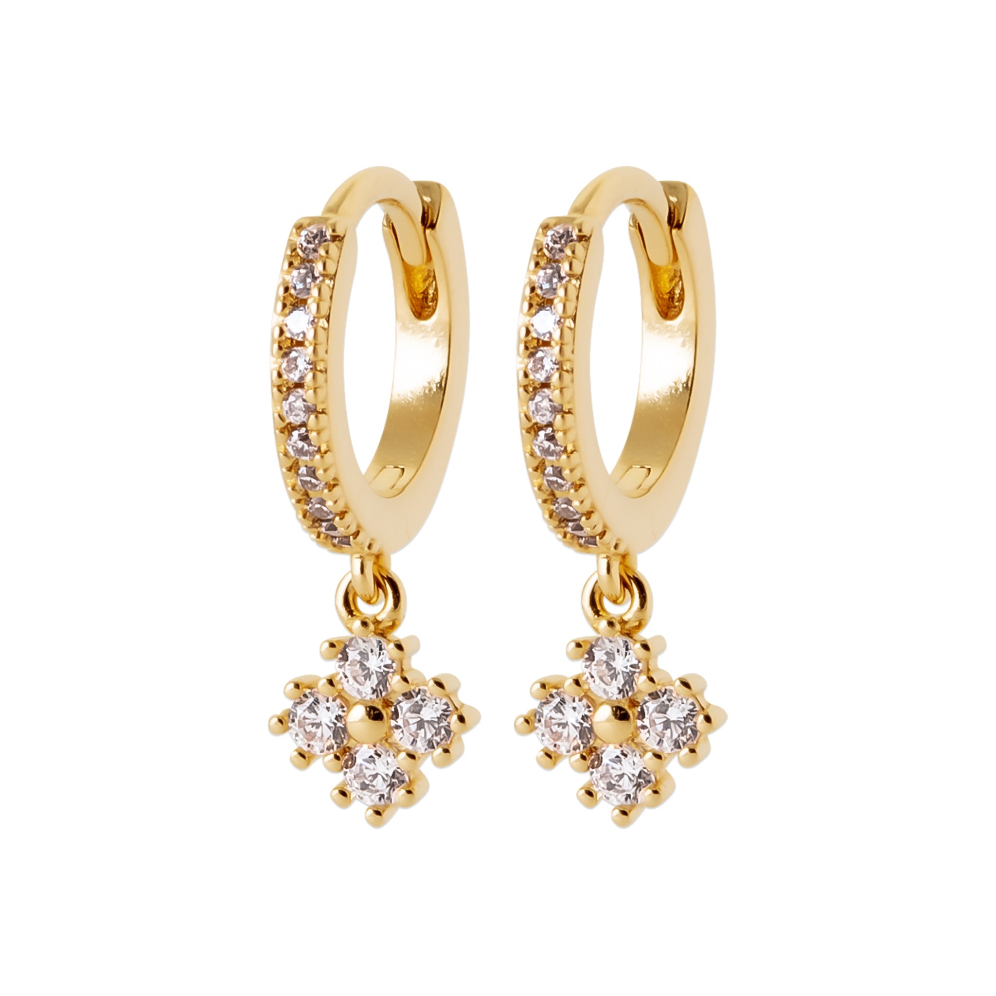 Mini créoles dorées Elvina pendentifs fleurs zircons - Bijou photographié sur fond blanc