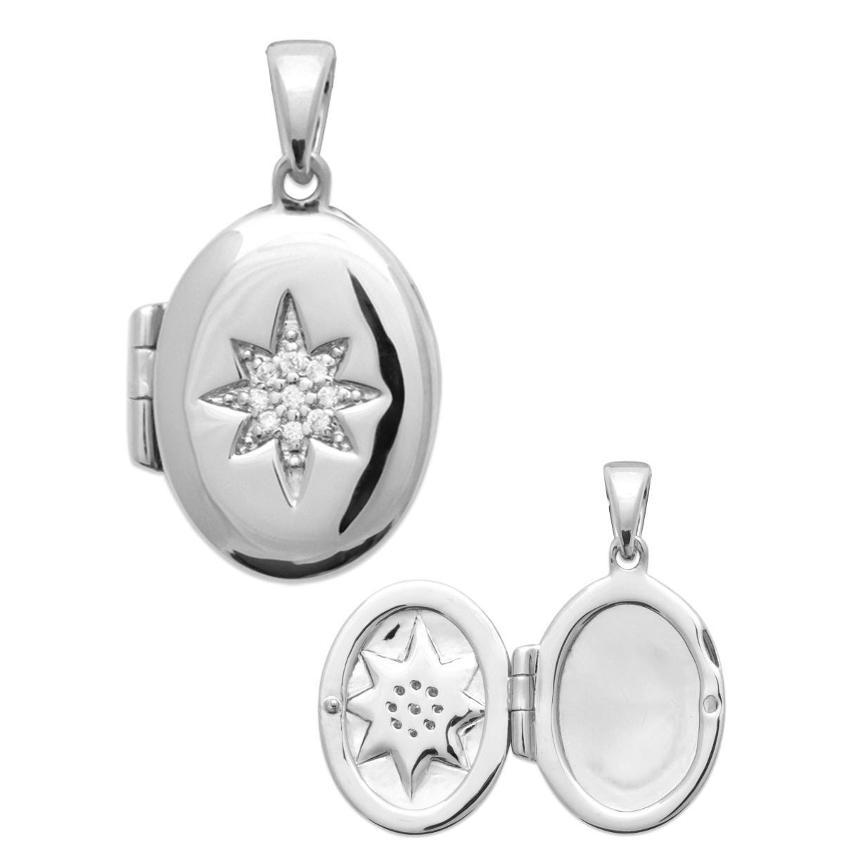 Médaillon ouvrant Elvira argent ovale avec étoile polaire sertie de zircons - Bijou photographié sur fond blanc