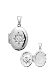 Médaillon ouvrant Elvira argent ovale avec étoile polaire sertie de zircons - Bijou photographié sur fond blanc