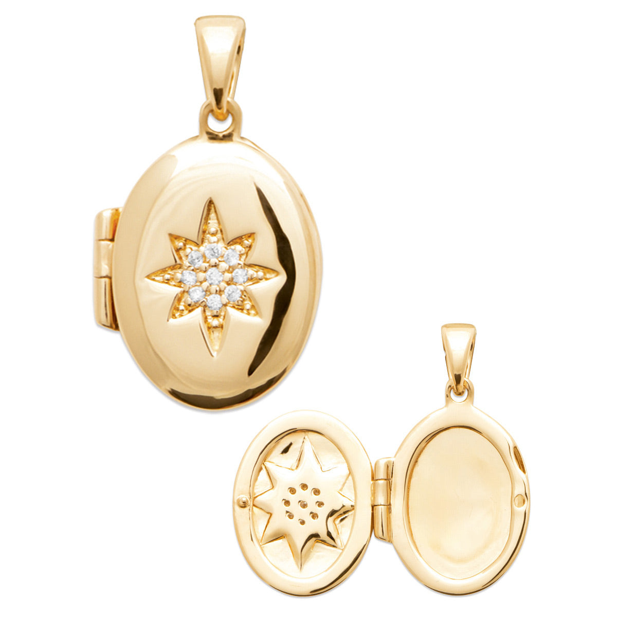 Médaillon ouvrant Elvira doré ovale avec étoile polaire sertie de zircons - Bijou photographié sur fond blanc