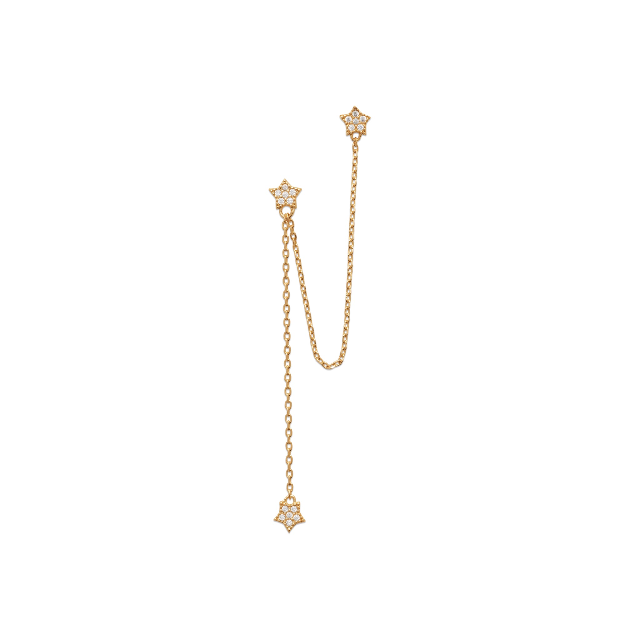 Boucle d'oreille monoboucle Nina à l'unité dorée ornée d'étoiles serties de zircons et de chaînes - Bijou sur fond blanc