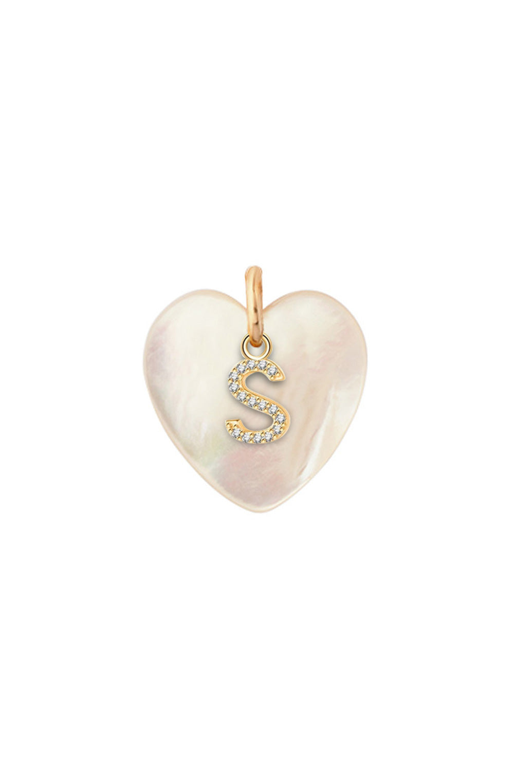 Pendentif coeur en nacre pour collier personnalisable doré initiale et charm - Bijou sur fond blanc
