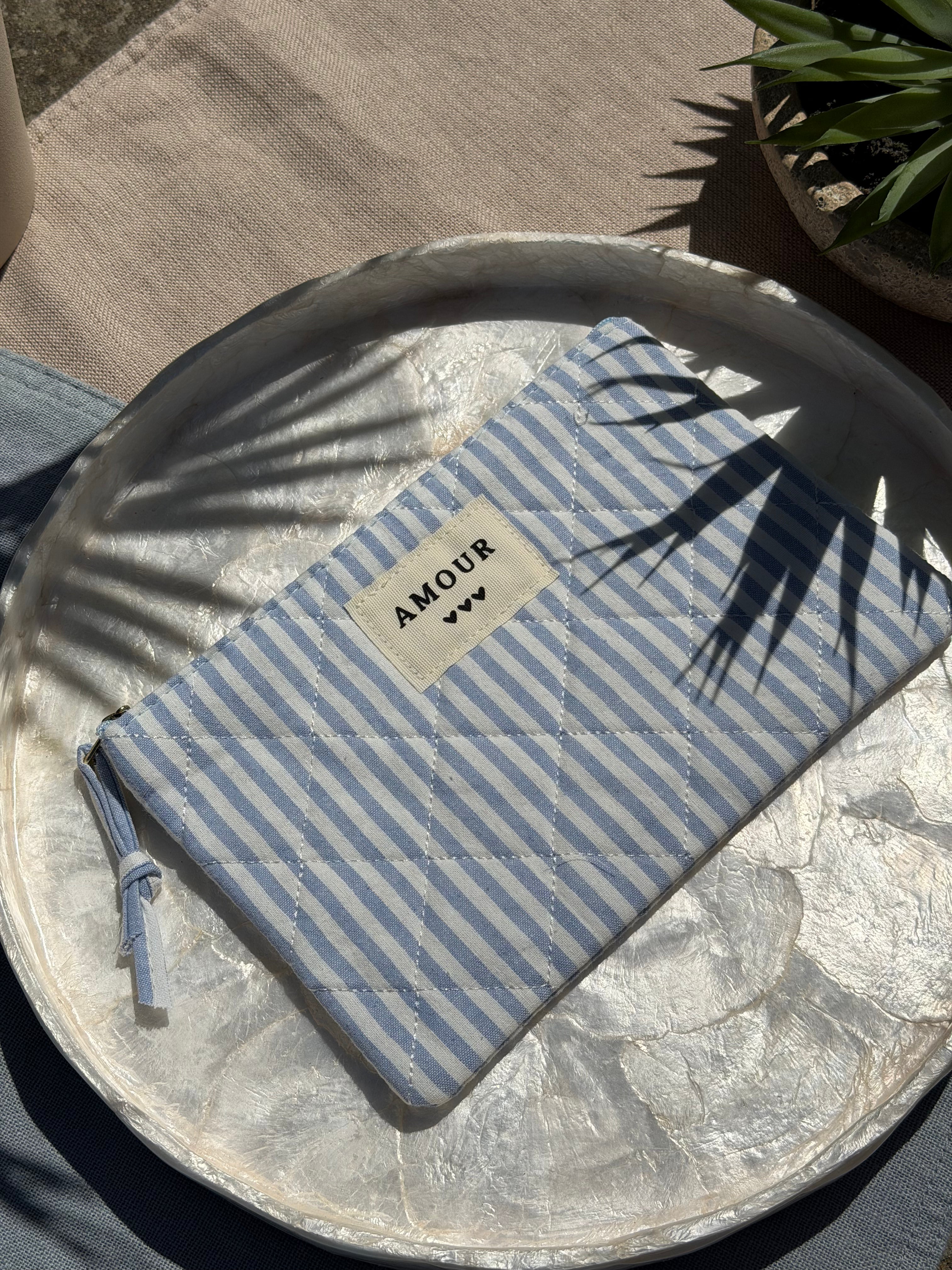 Pochette à zip rayée bleu et blanc - Accessoire