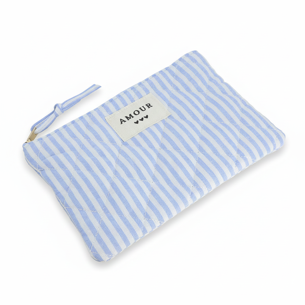 Pochette à zip Amour rayée bleu et blanc - Accessoire