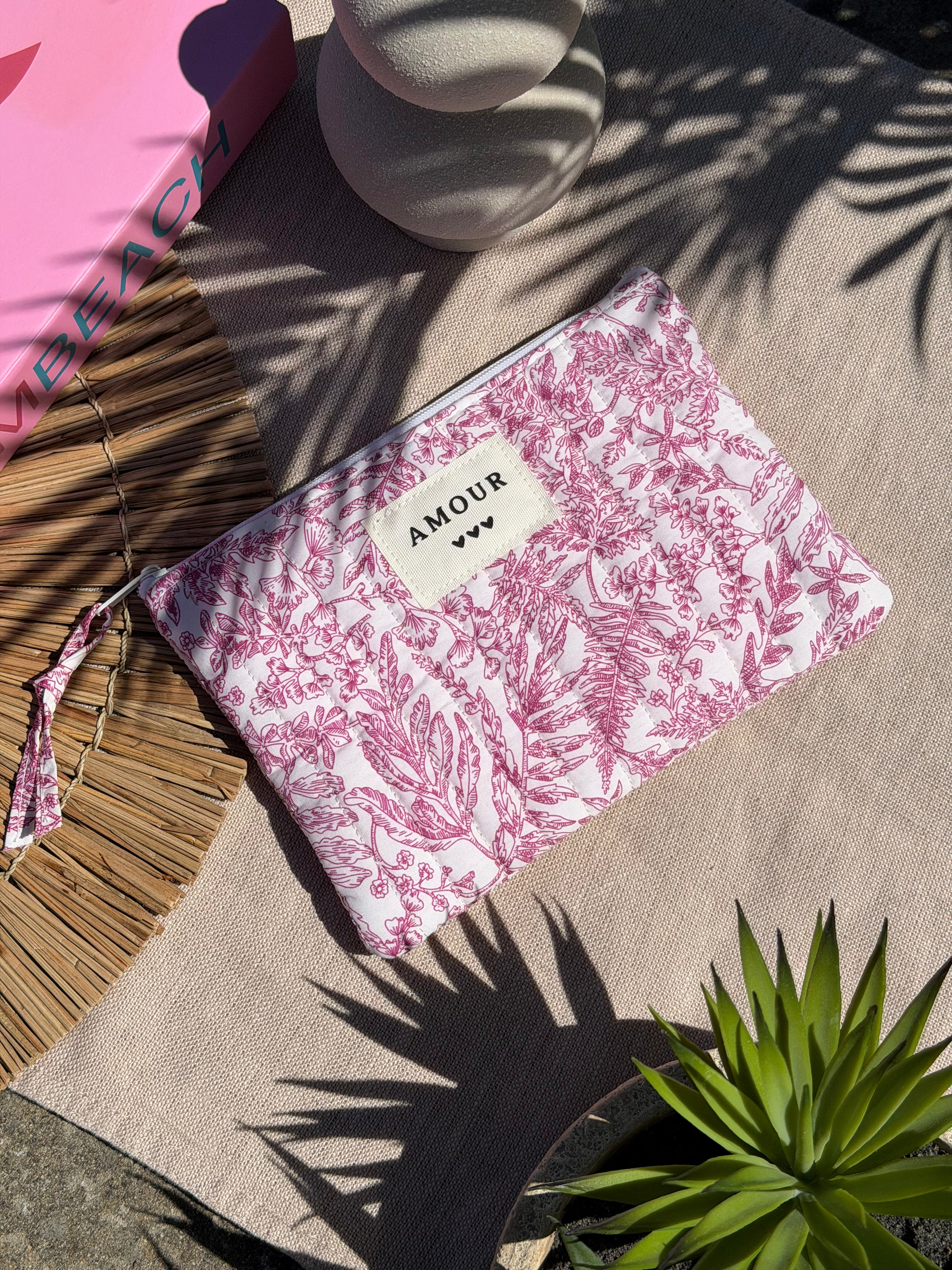 Pochette à zip motif jouy rose et blanc - Accessoire