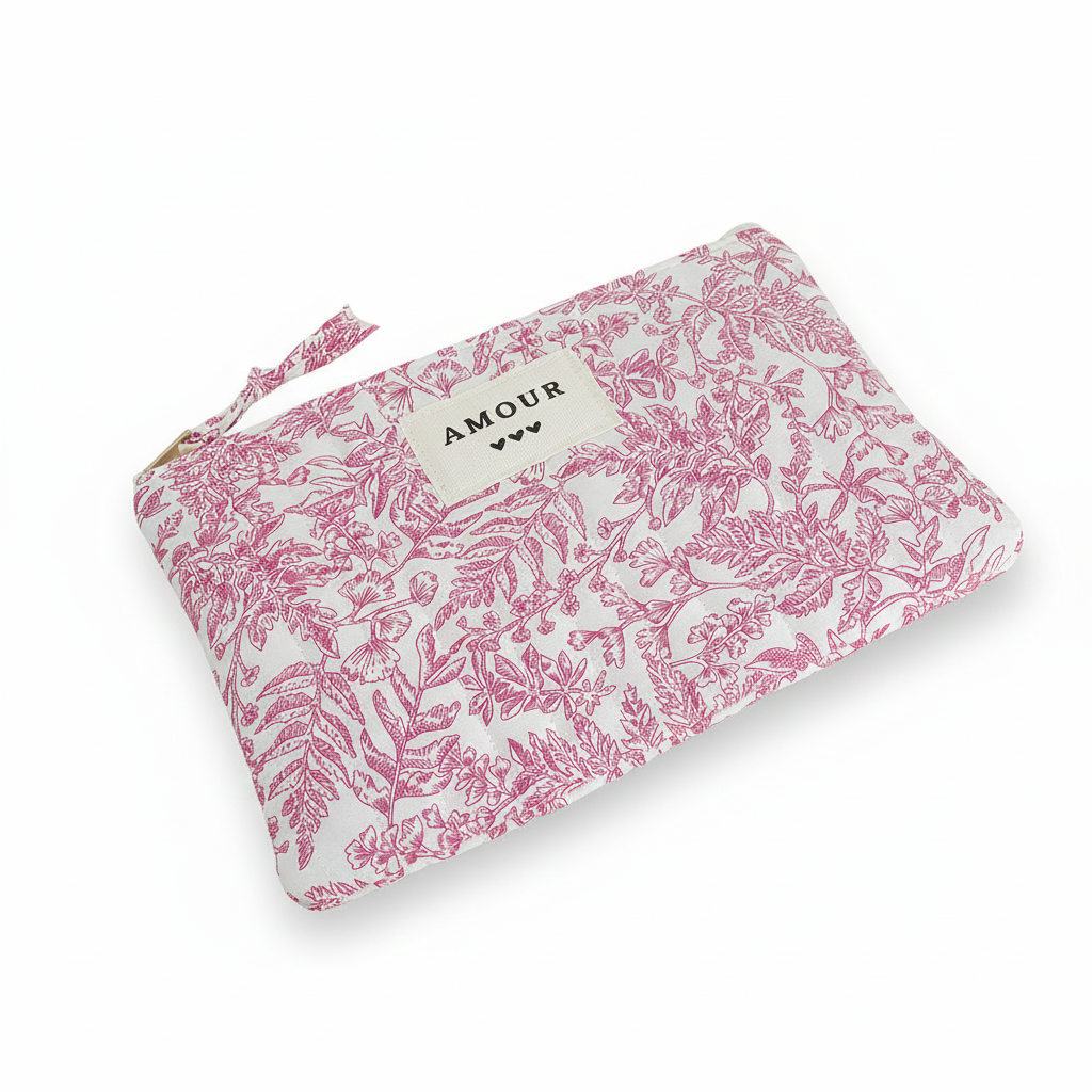 Pochette à zip Amour motif jouy rose et blanc - Accessoire
