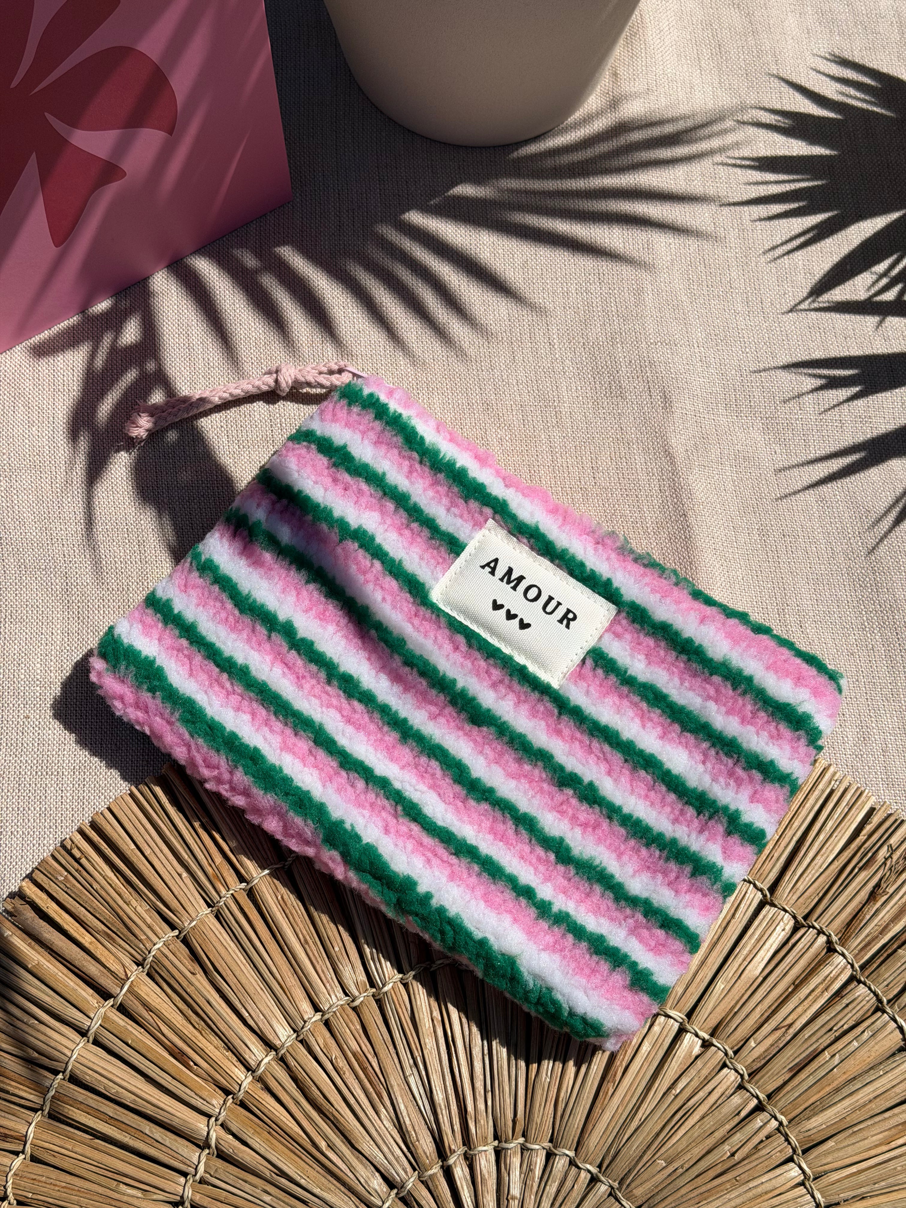 Pochette à zip matière mouton rayée rose et vert - Accessoire