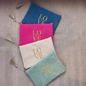 Pochette en velours côtelé zipée Love rose avec inscription - Accessoire