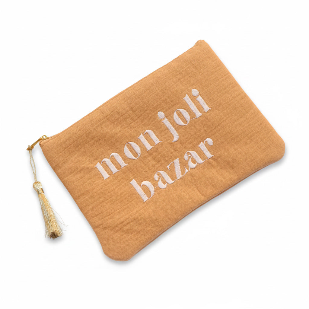 Pochette à zip avec inscription Mon joli bazar camel - Accessoire
