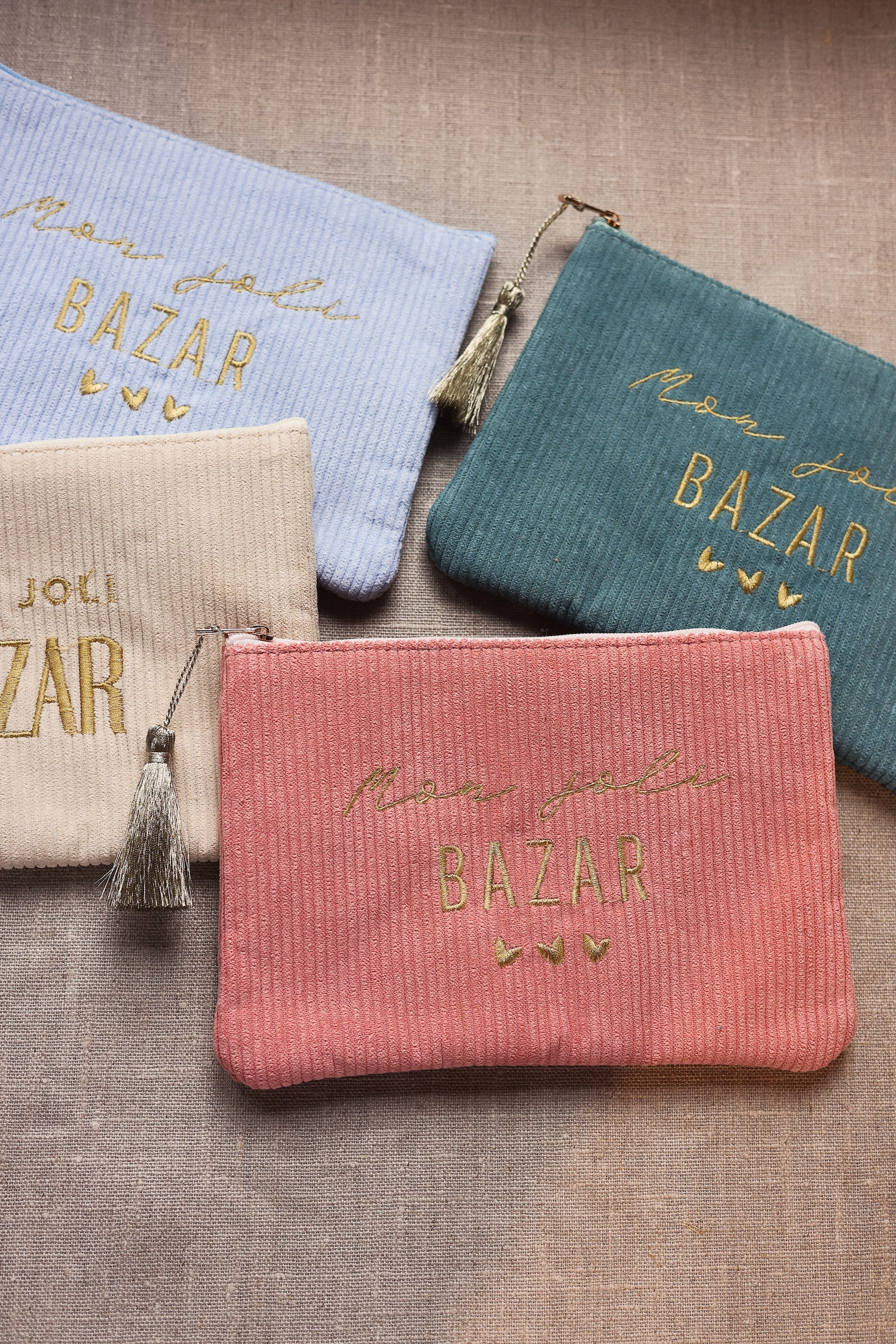 Pochette en velours côtelé zipée avec inscription Mon joli bazar beige - Accessoire