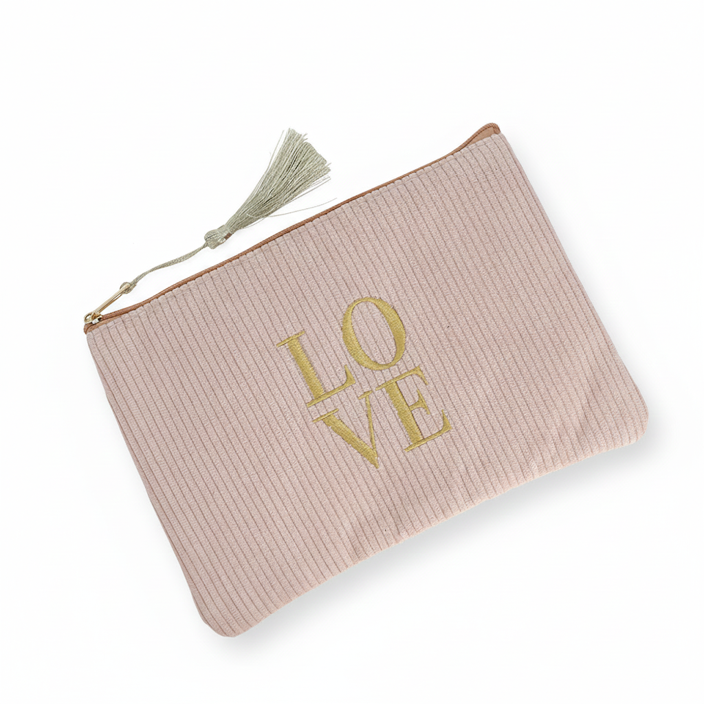 Pochette en velours côtelé zipée Love beige avec inscription - Accessoire