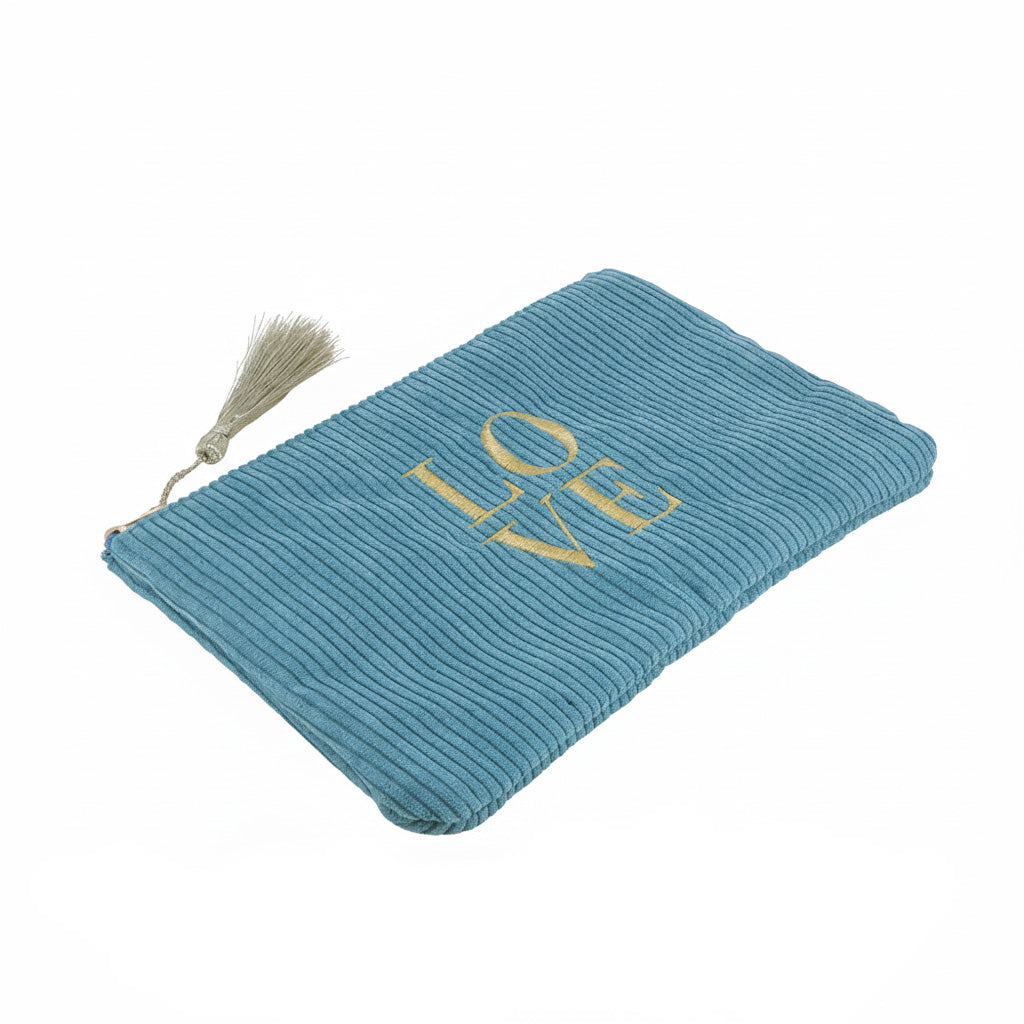 Pochette en velours côtelé zipée Love bleu canard avec inscription - Accessoire
