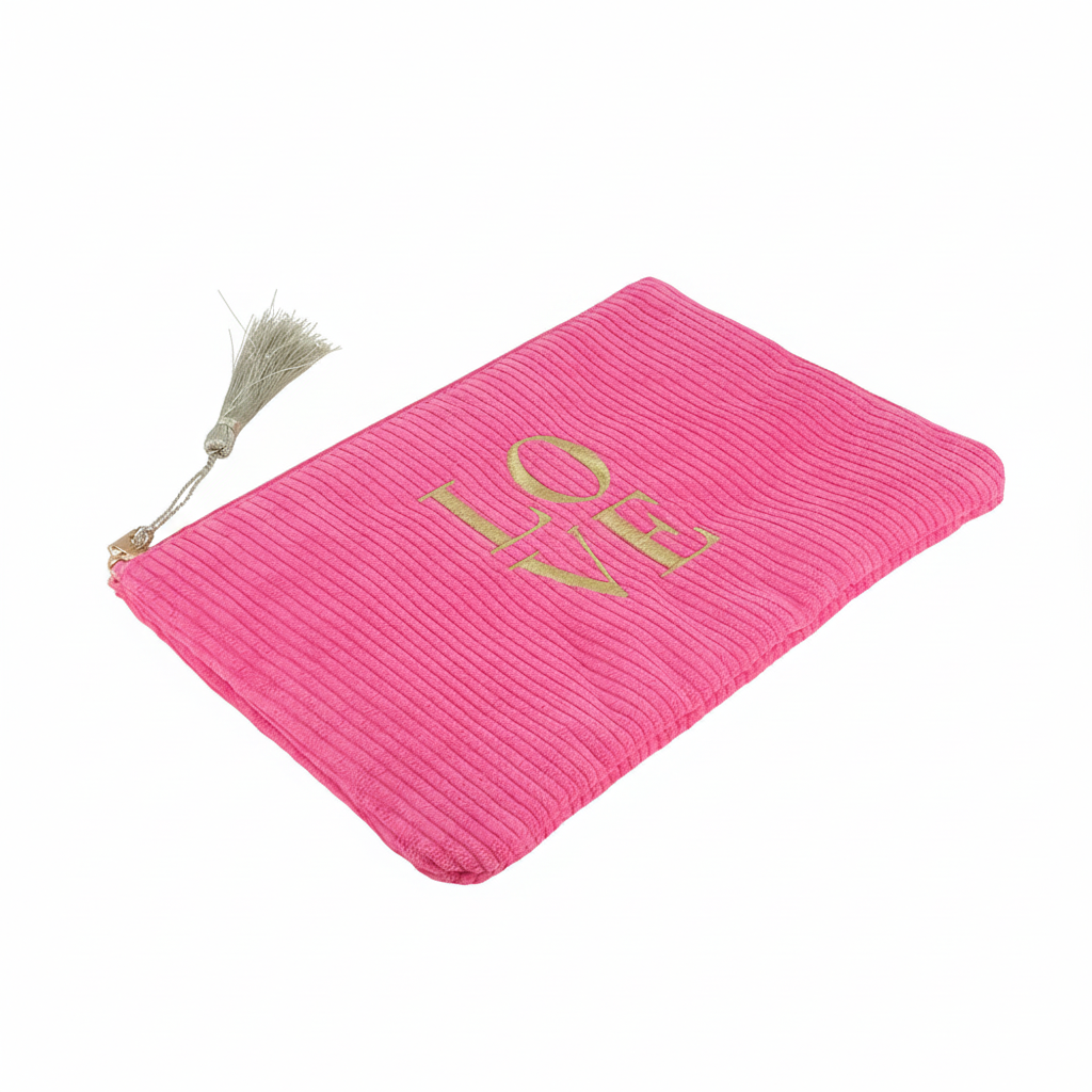 Pochette en velours côtelé zipée Love rose avec inscription - Accessoire