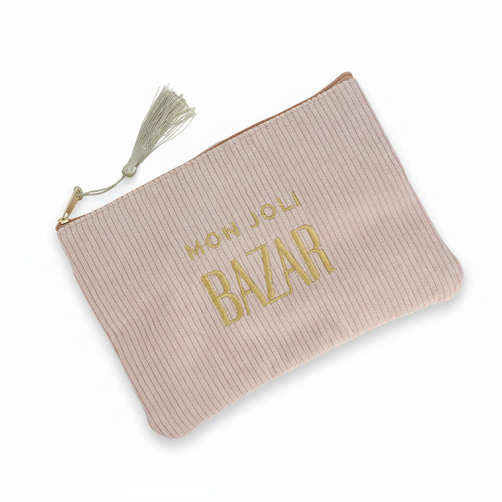 Pochette en velours côtelé zipée mon joli bazar beige avec inscription - Accessoire