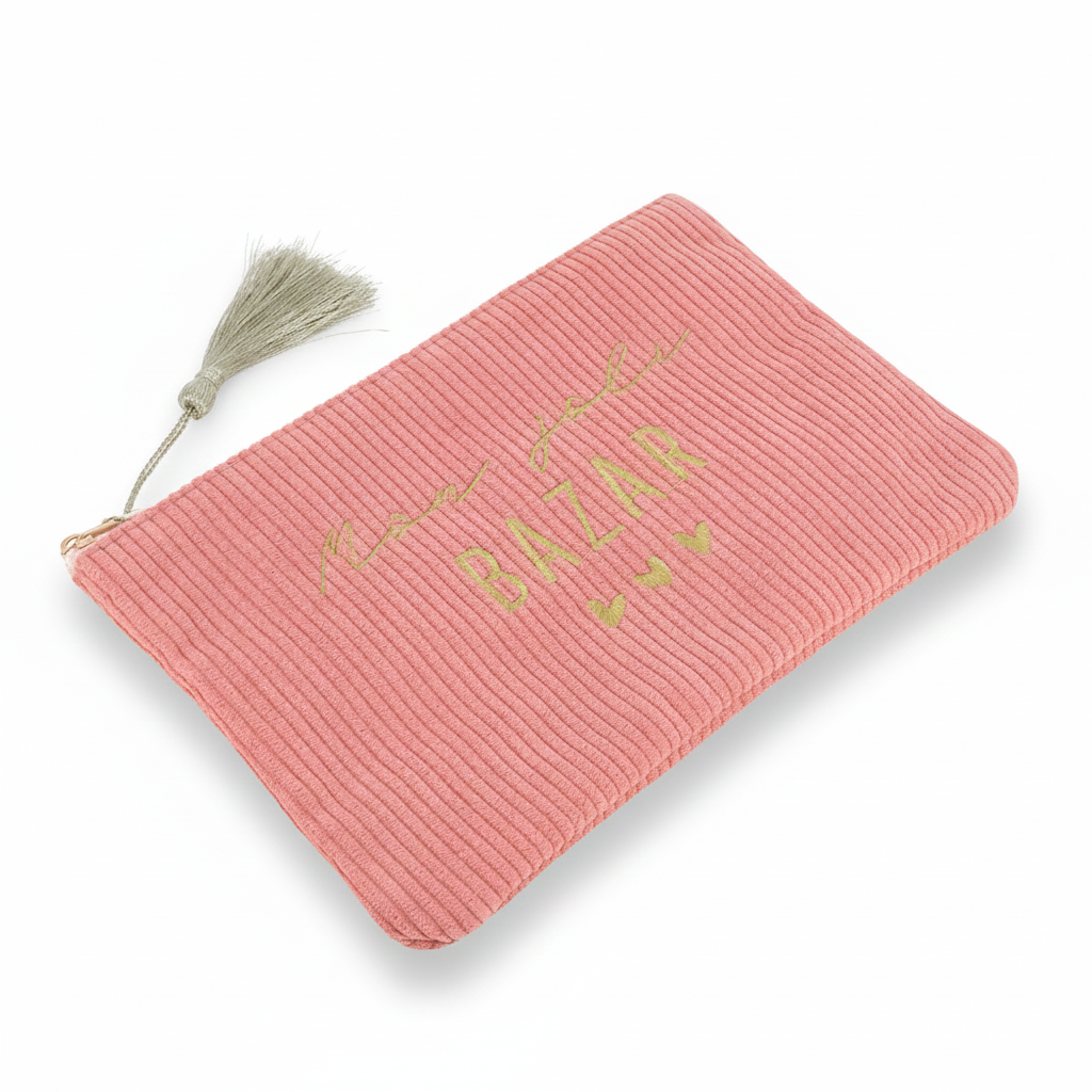 Pochette en velours côtelé zipée avec inscription mon joli bazar blush - Accessoire