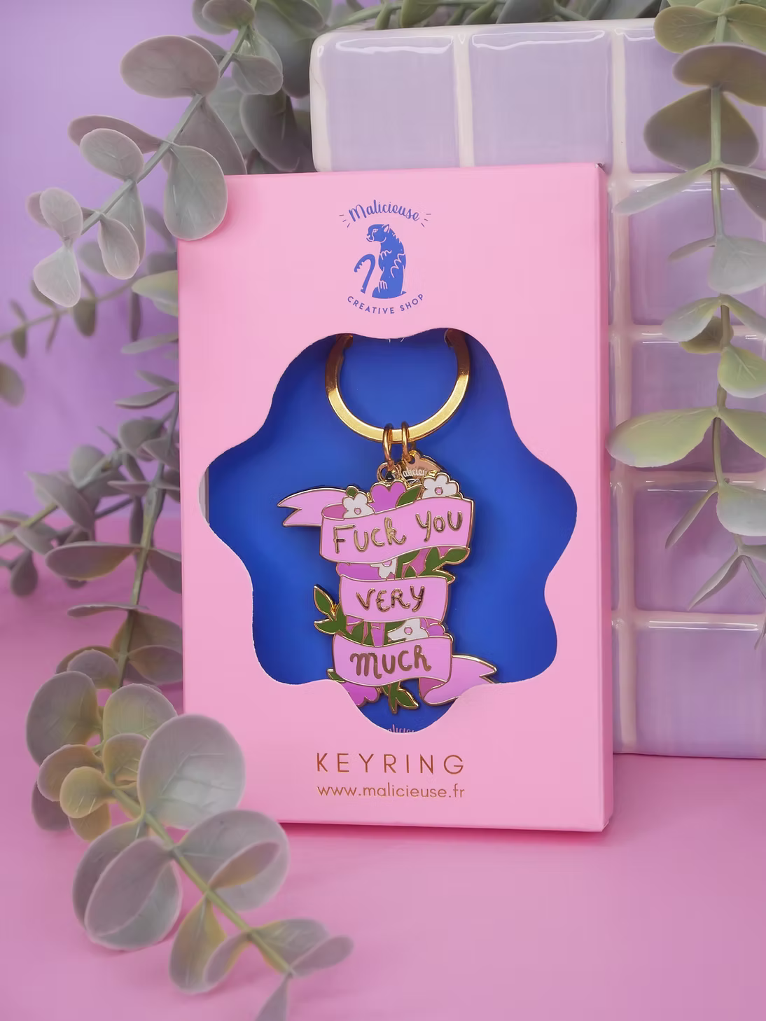 Porte-clé ruban rose et fleurs - Accessoire