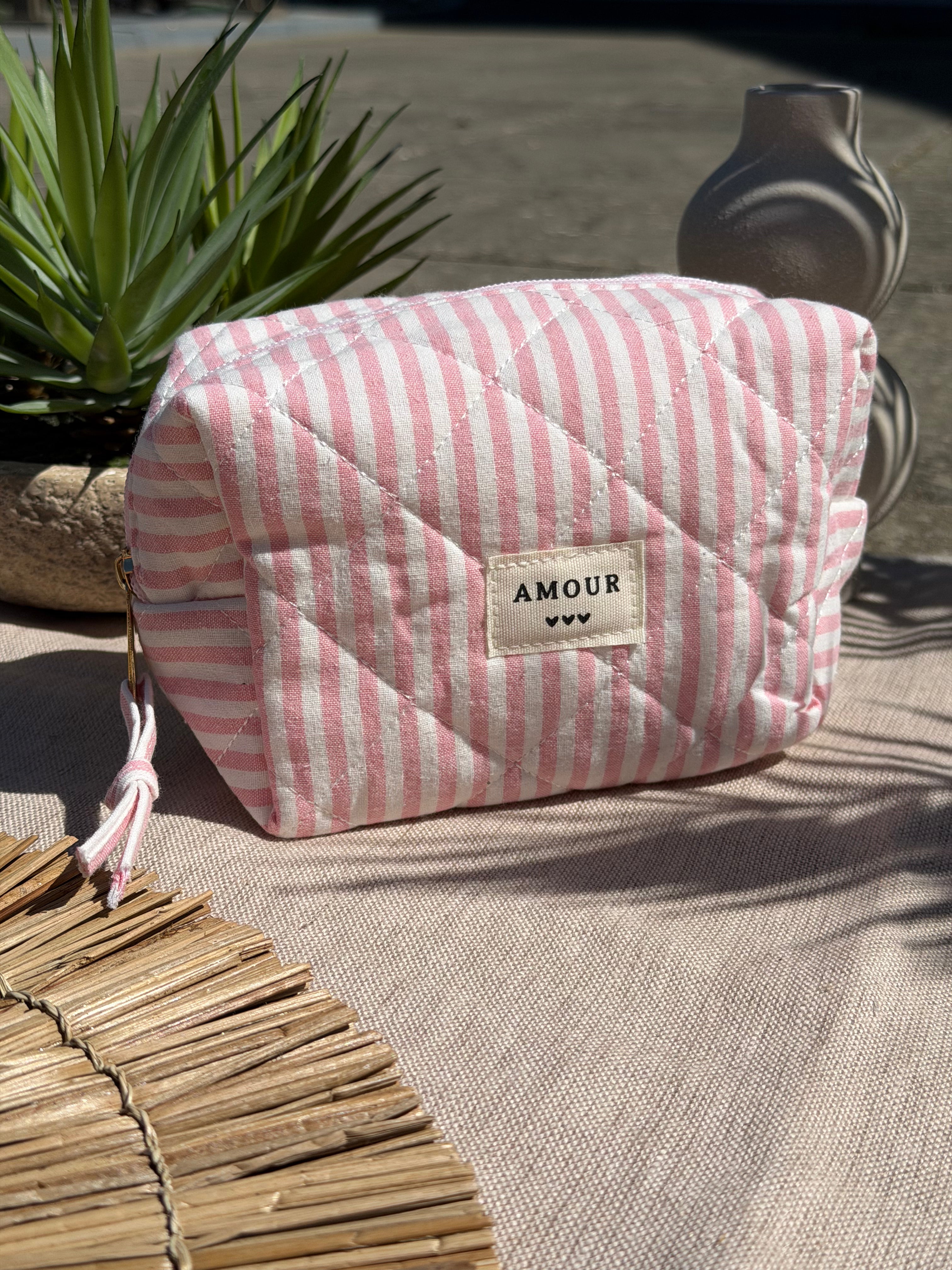 Trousse à zip rayée rose et blanc - Accessoire