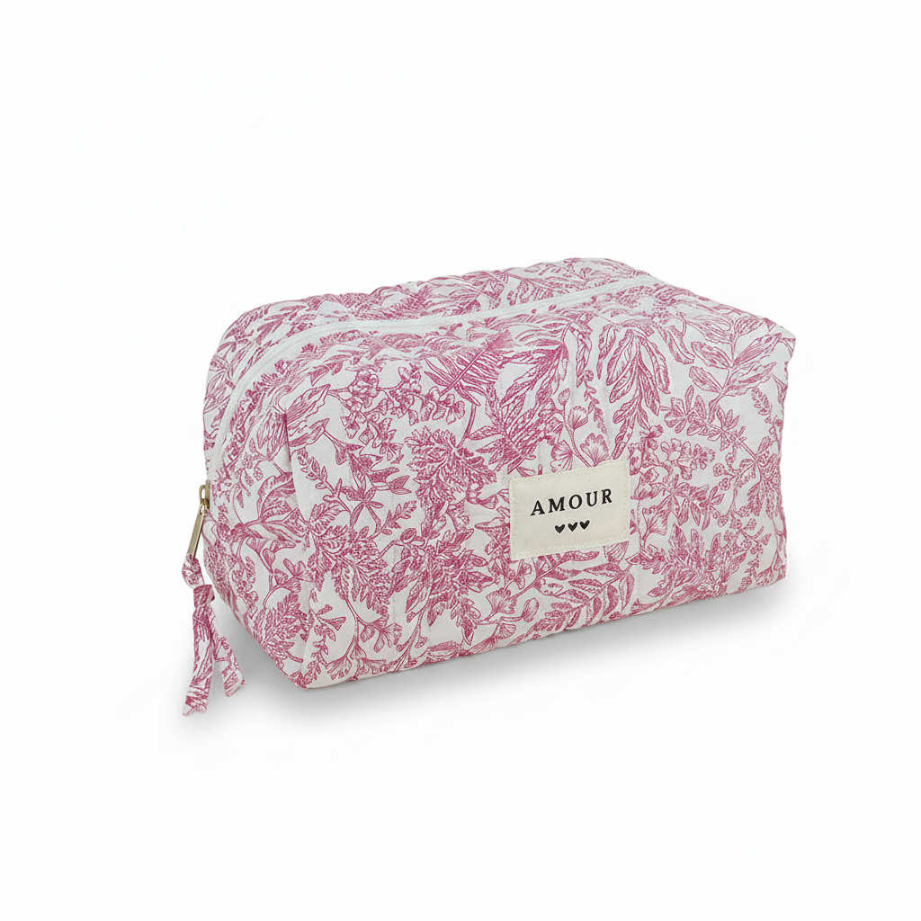 Trousse à zip Amour motif jouy rose et blanc - Accessoire