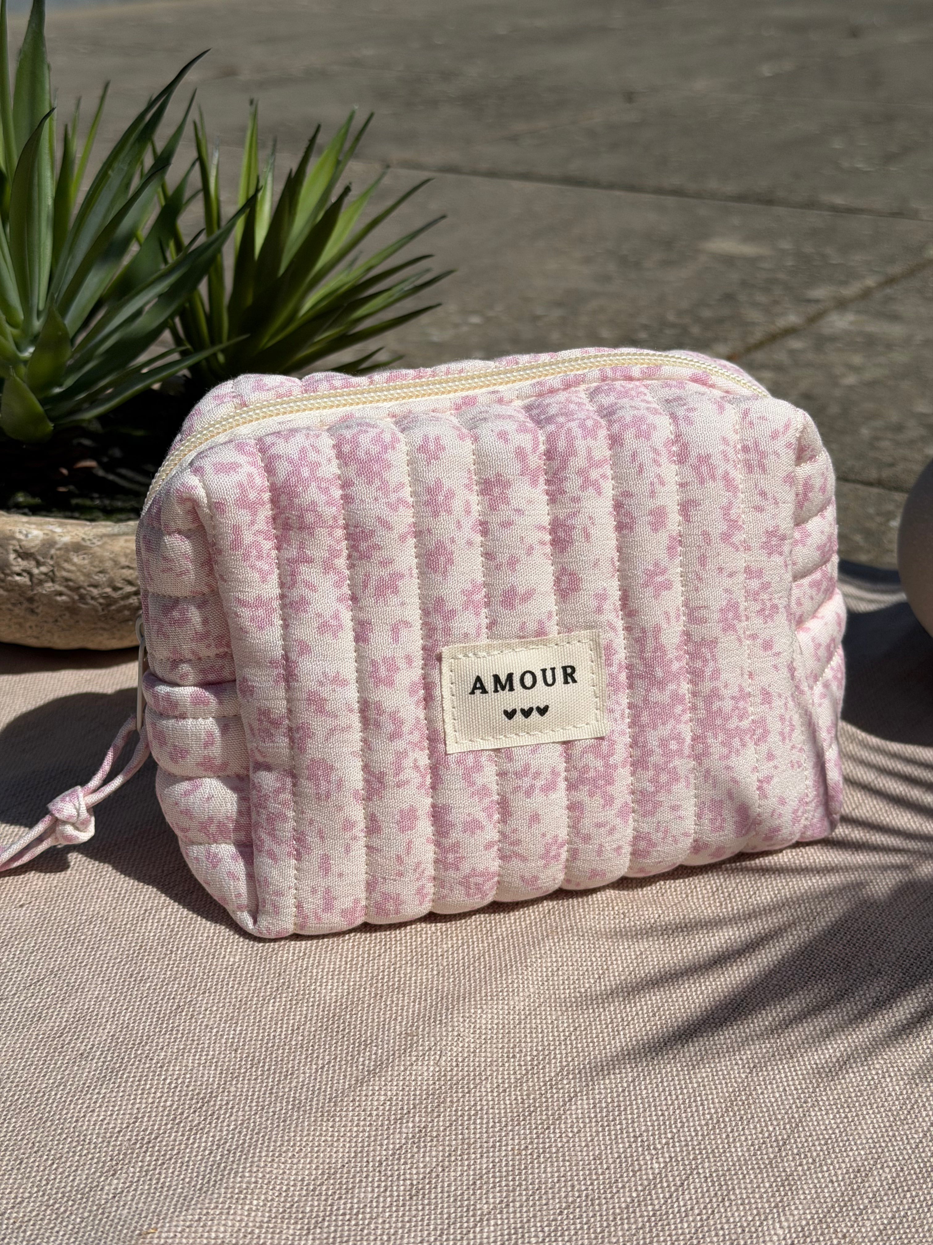 Trousse à zip motif fleurs roses - Accessoire